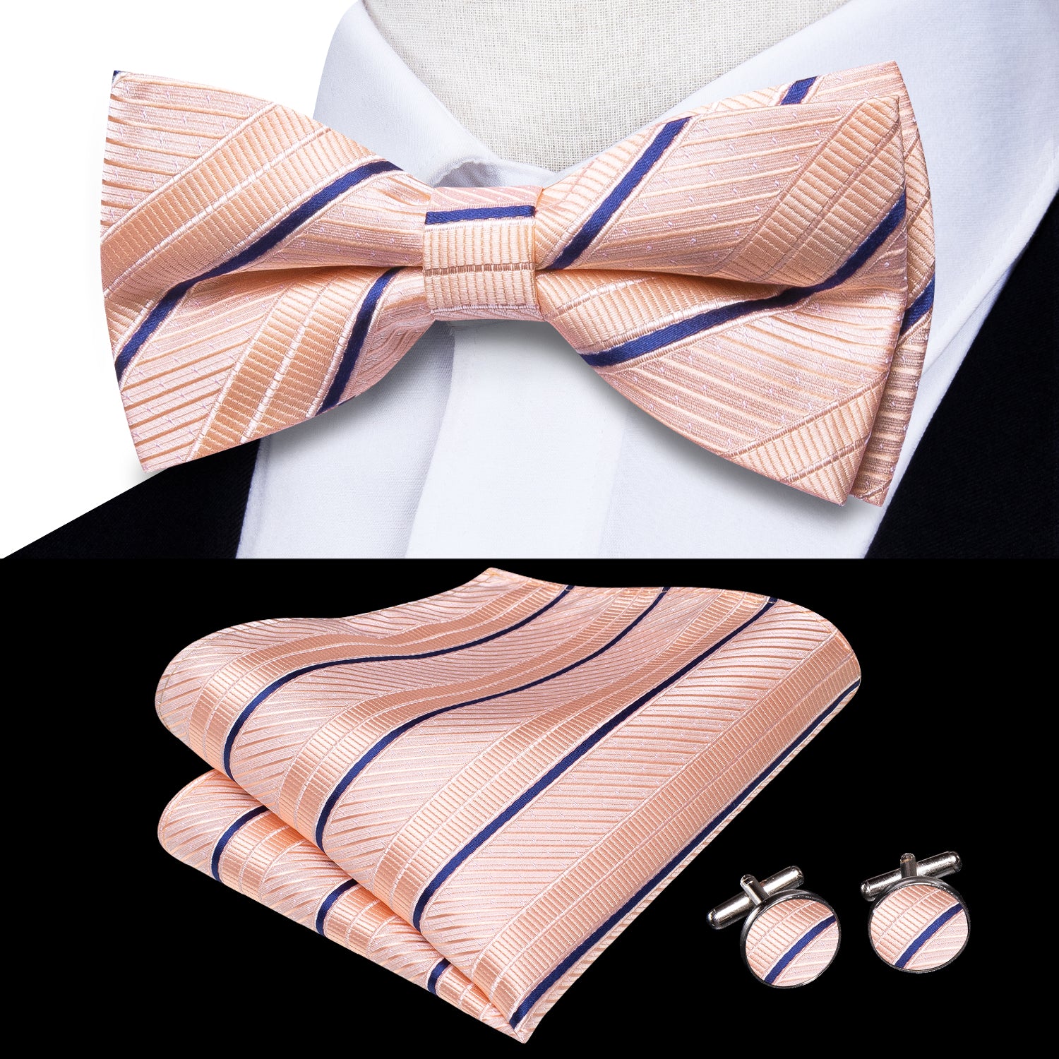 Hi-Tie Pink Blue Striped Pre-tied Bow Tie Hanky Cufflinks Set