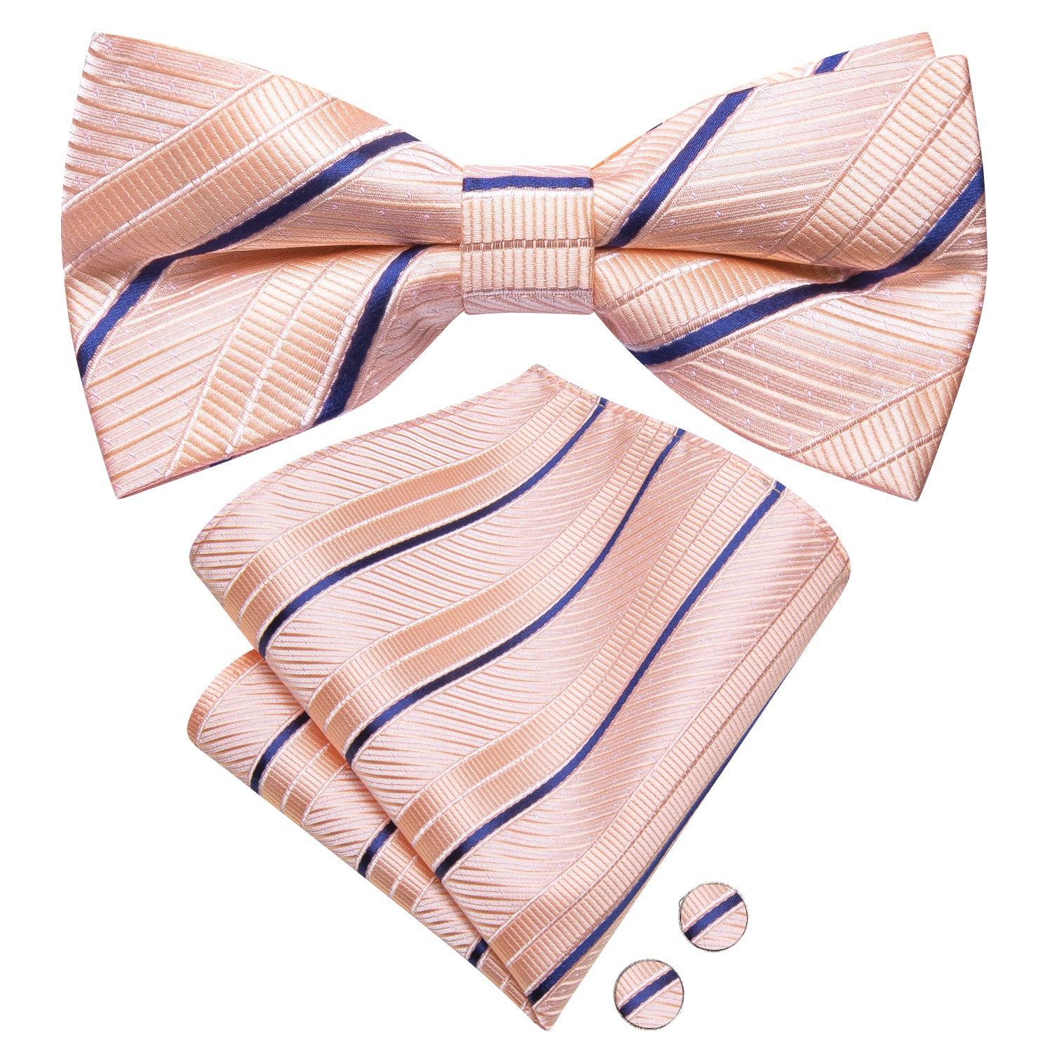 Hi-Tie Pink Blue Striped Pre-tied Bow Tie Hanky Cufflinks Set