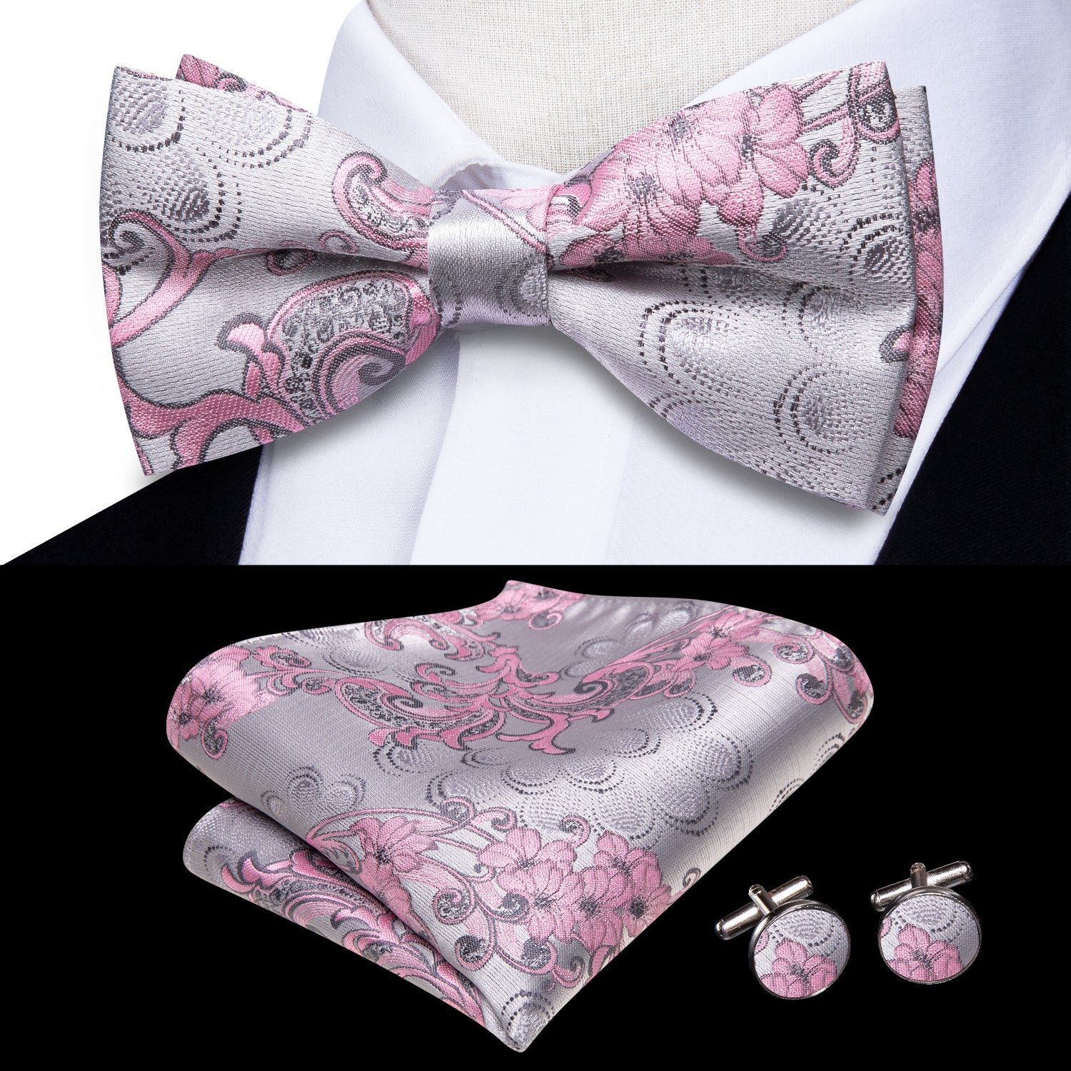 Hi-Tie Pink Silver Floral Pre-tied Bow Tie Hanky Cufflinks Set