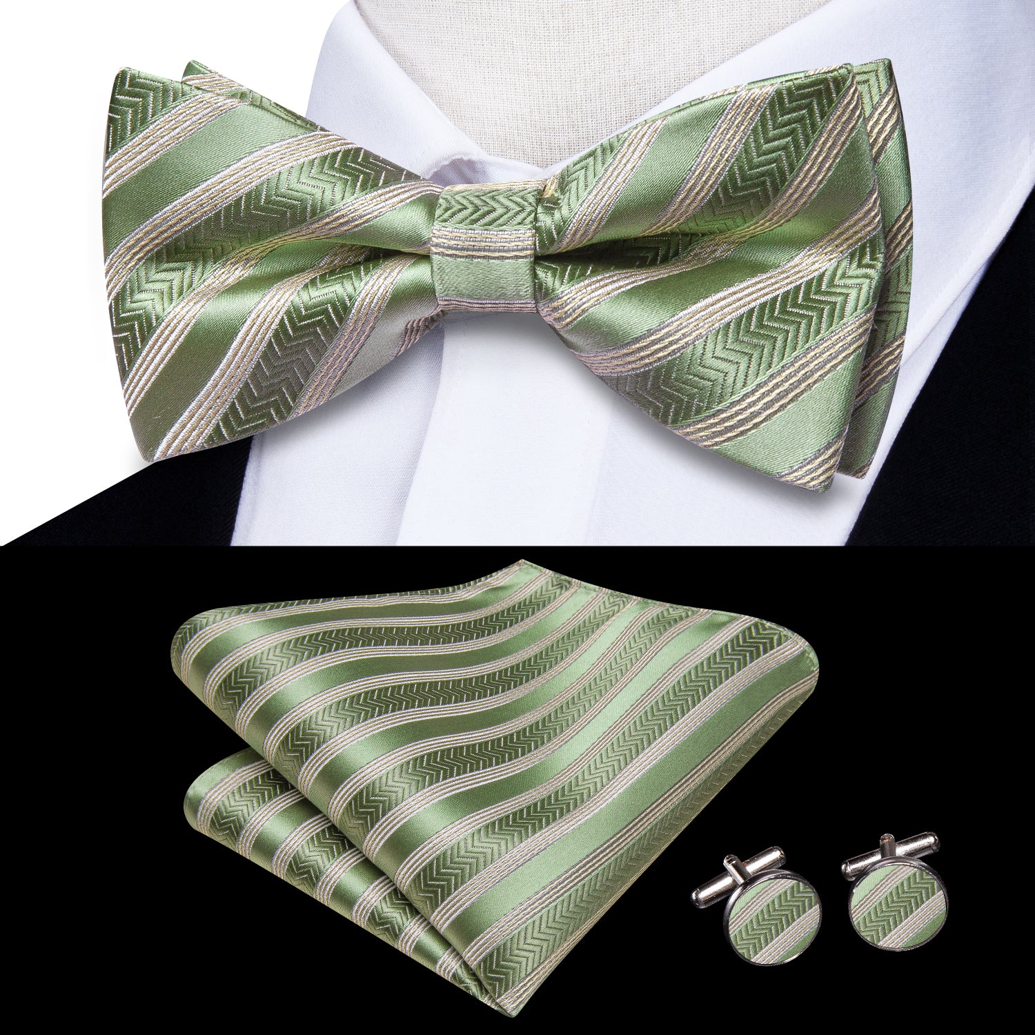 Hi-Tie Green Beige Striped Pre-tied Bow Tie Hanky Cufflinks Set
