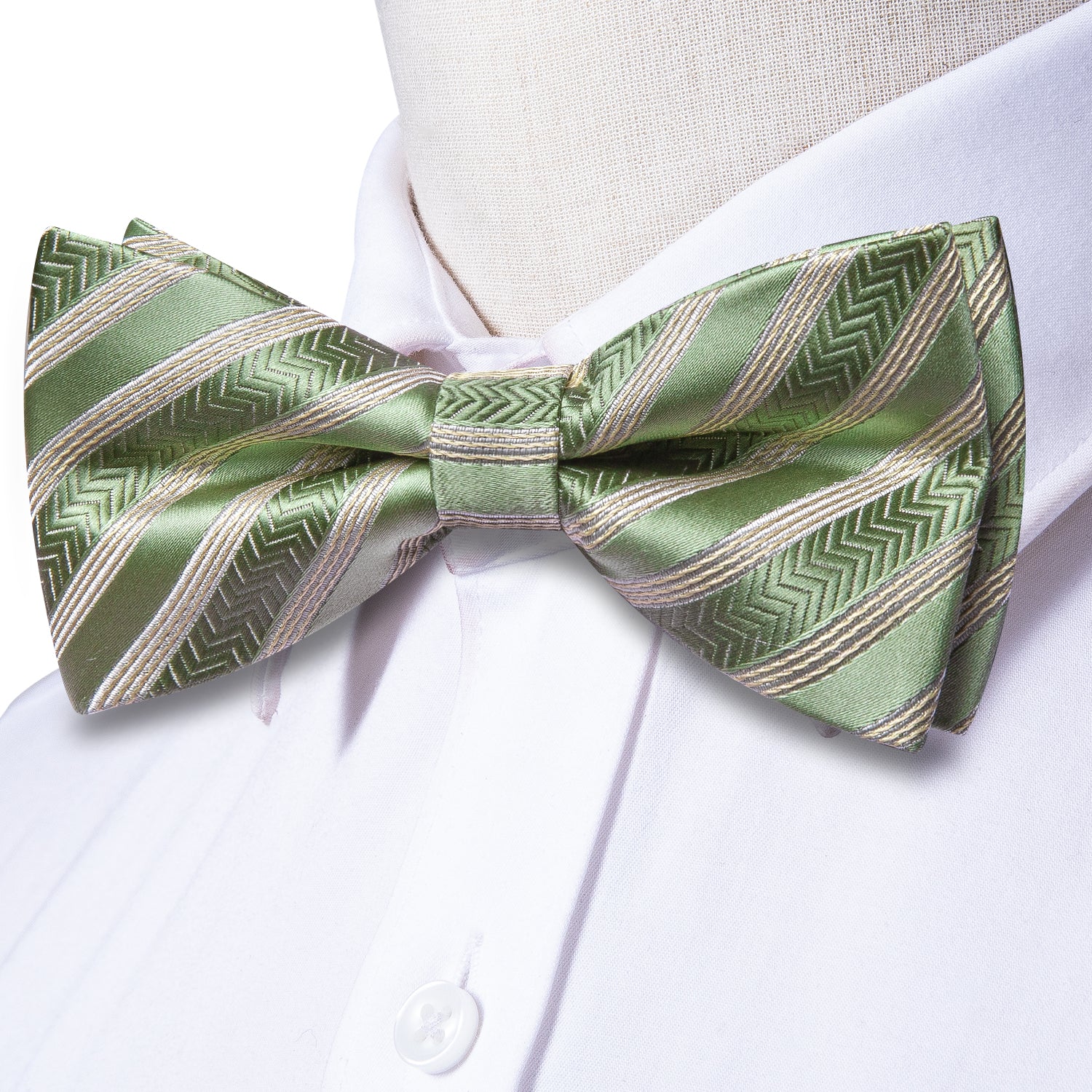 Hi-Tie Green Beige Striped Pre-tied Bow Tie Hanky Cufflinks Set
