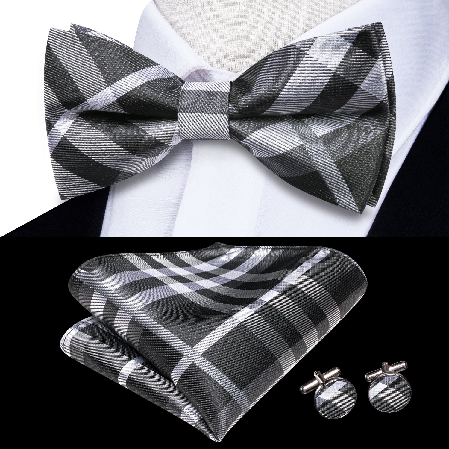 Hi-Tie White Grey Check Pre-tied Bow Tie Hanky Cufflinks Set