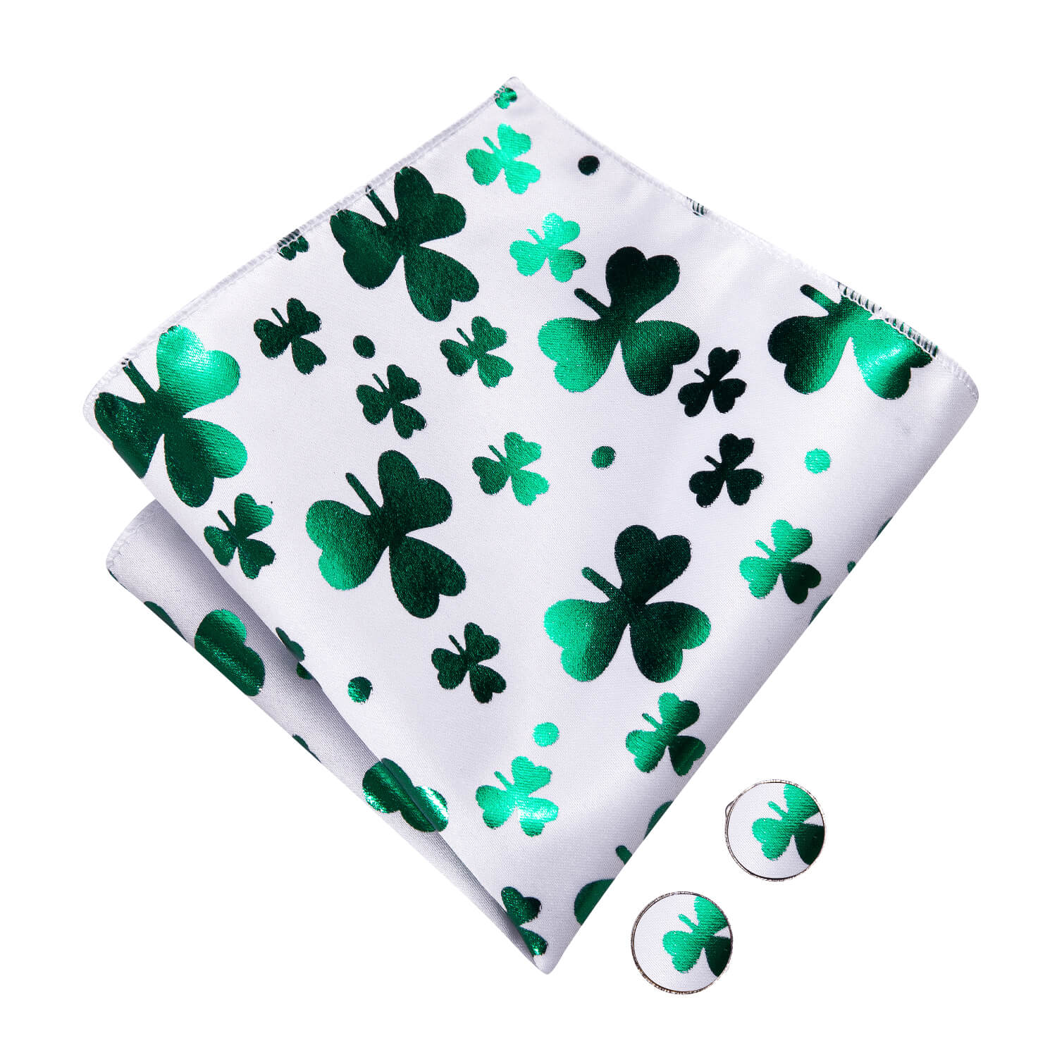Hi-Tie White Green Clover Pre-Tied Bow Tie Handkerchief Cufflink Set