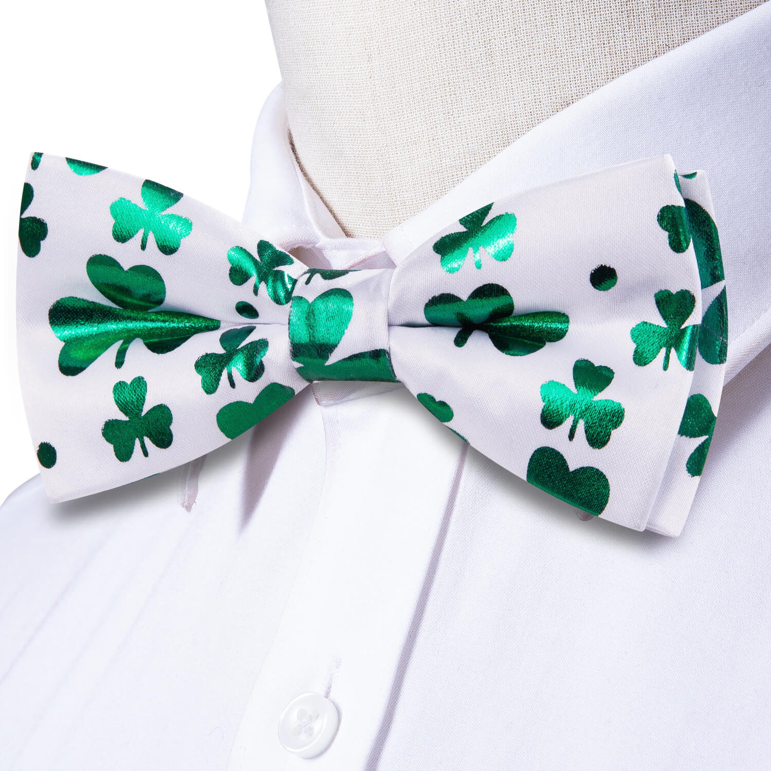 Hi-Tie White Green Clover Pre-Tied Bow Tie Handkerchief Cufflink Set