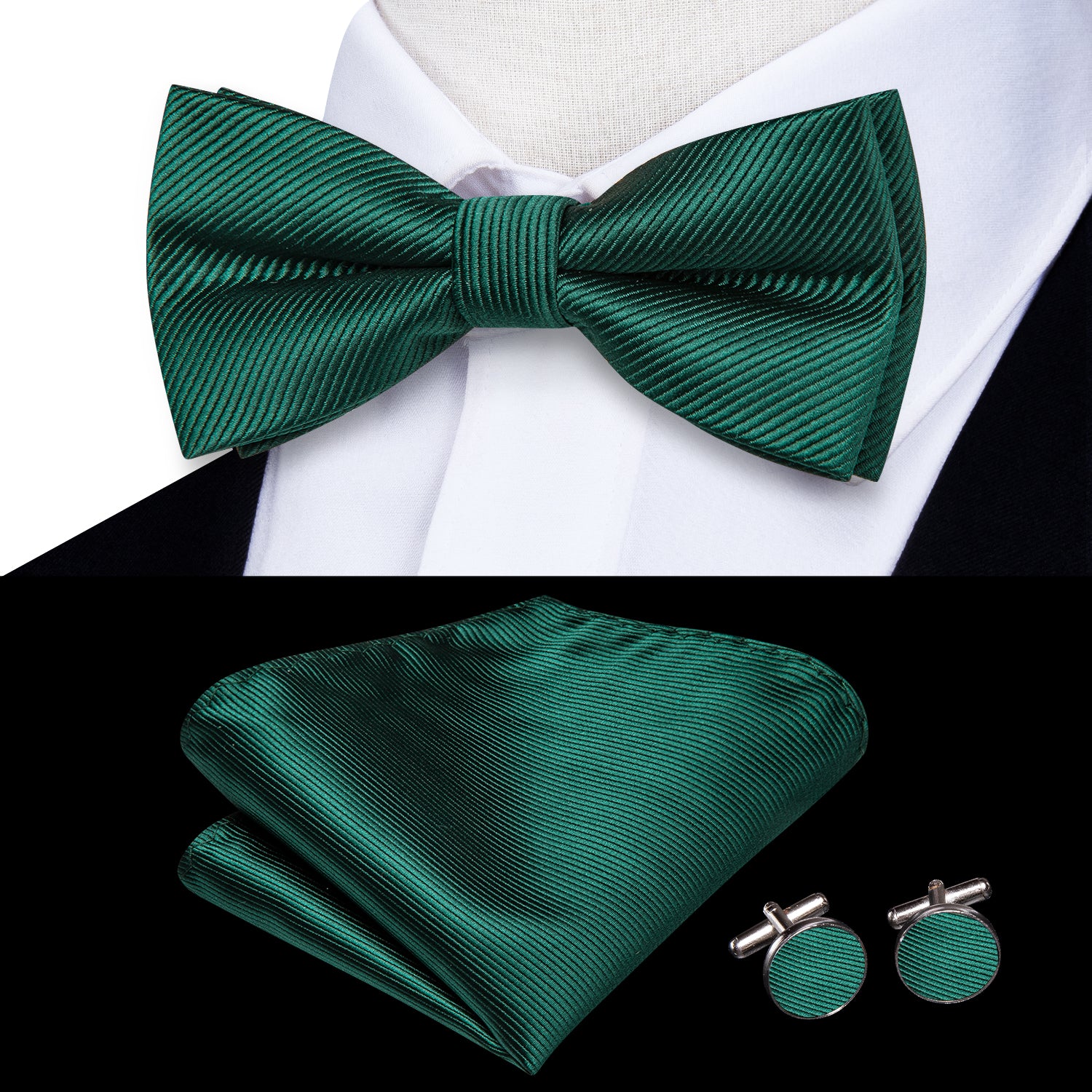 Dark Green Solid Children's Kids Bow Tie Pocket Square Cufflinks Set
