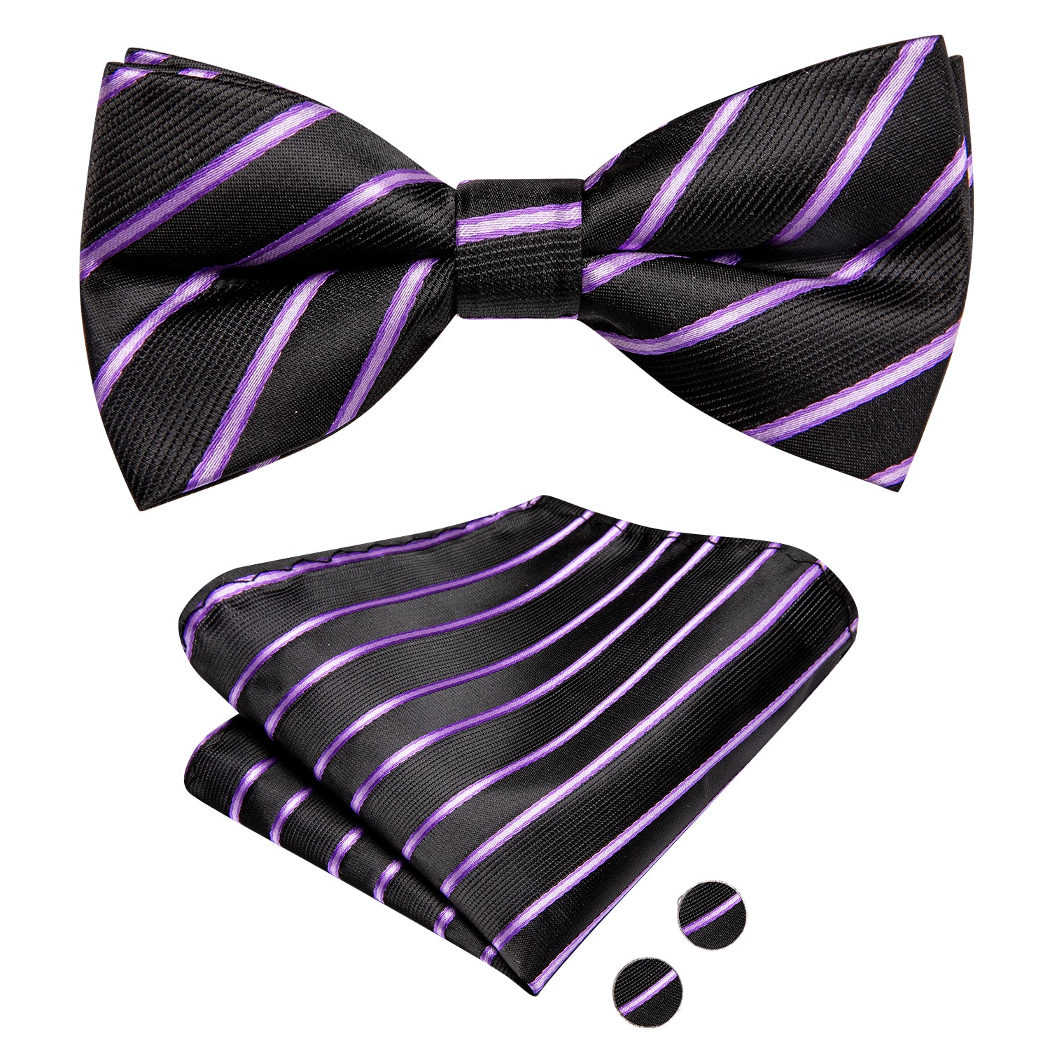 Black Purple Striped Children's Kids Bow Tie Pocket Square Cufflinks Set