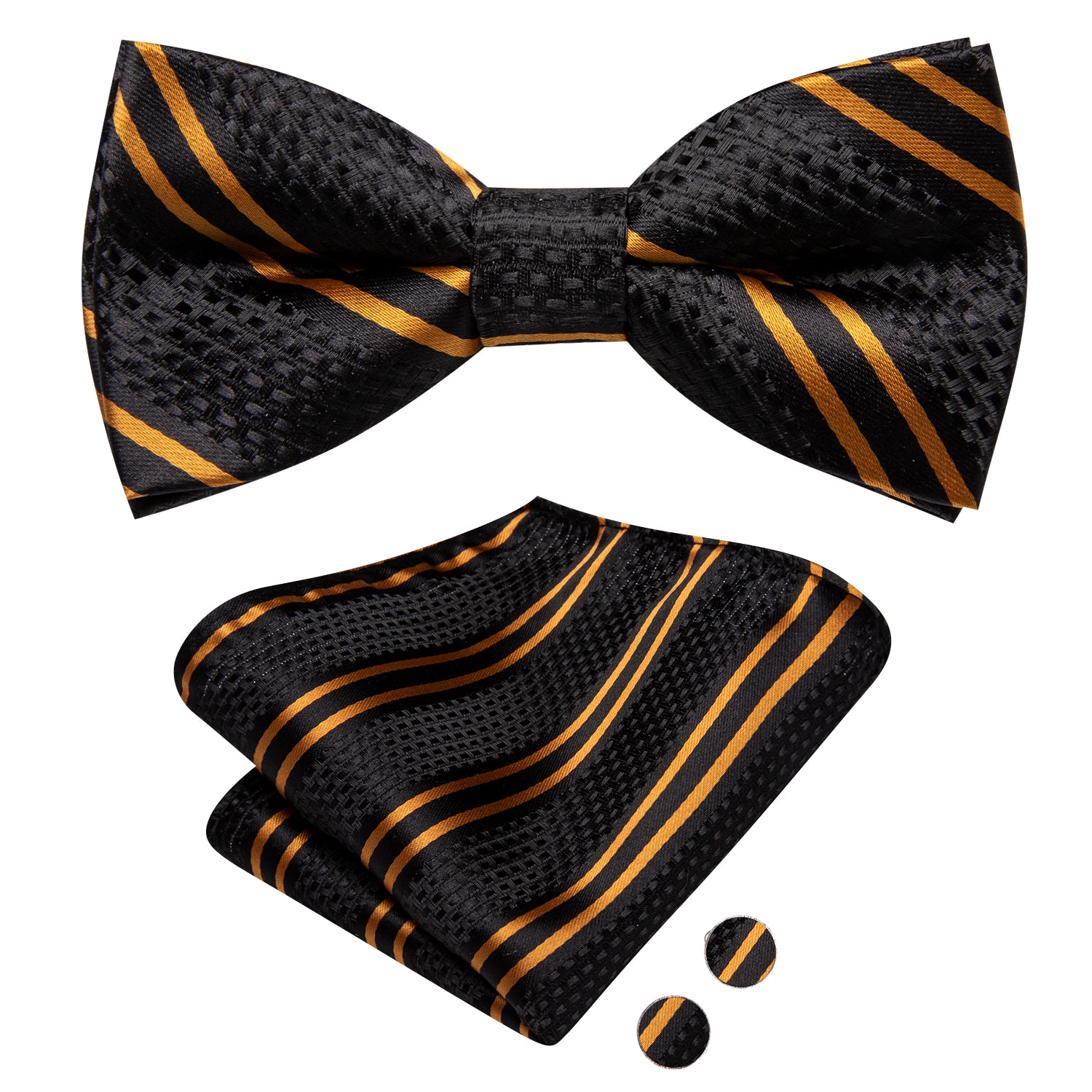 Black Yellow Striped Kids Bow Tie Hanky Cufflinks Set