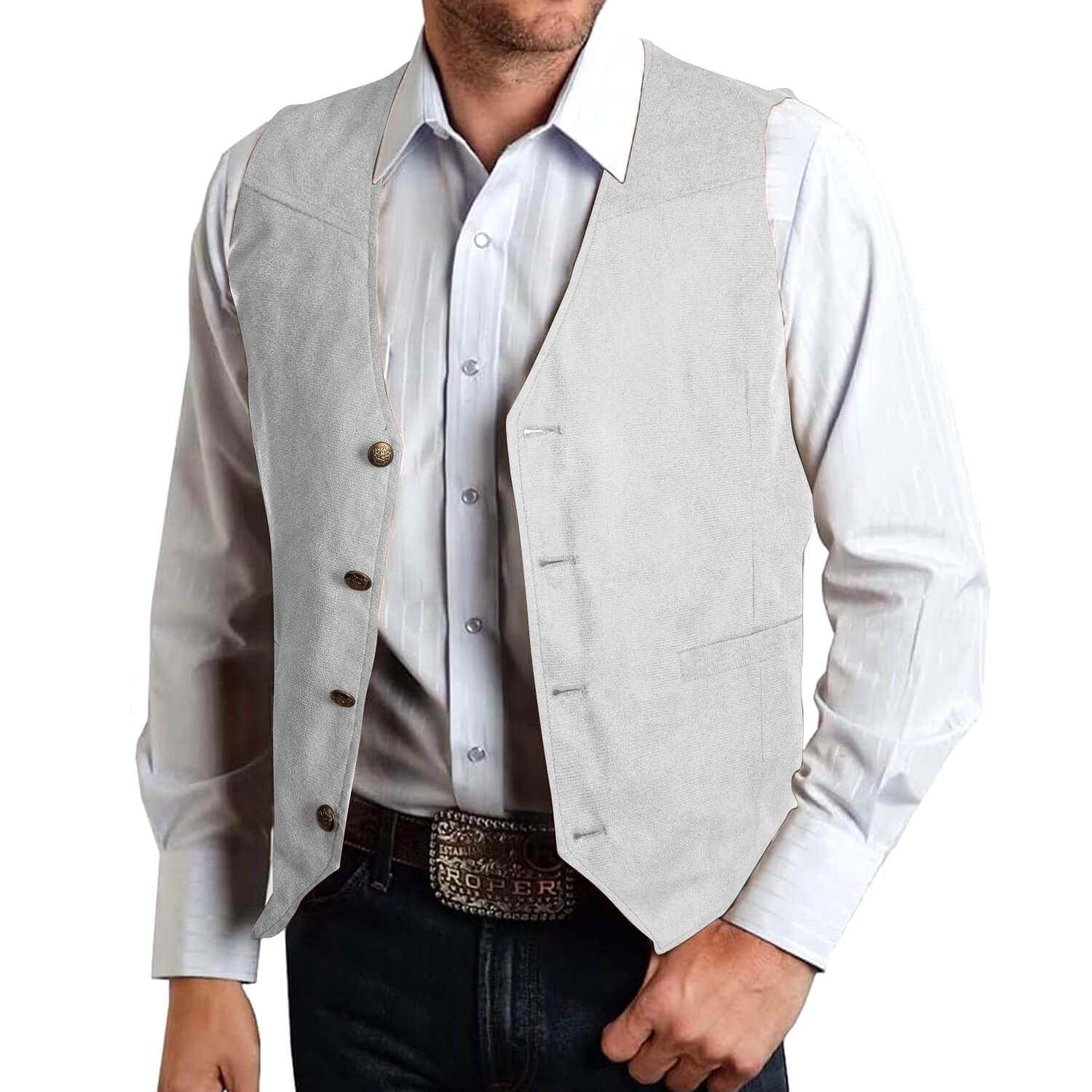 Hi-Tie Button Vest Solid Light Gray Suede Single Waistcoat for Men
