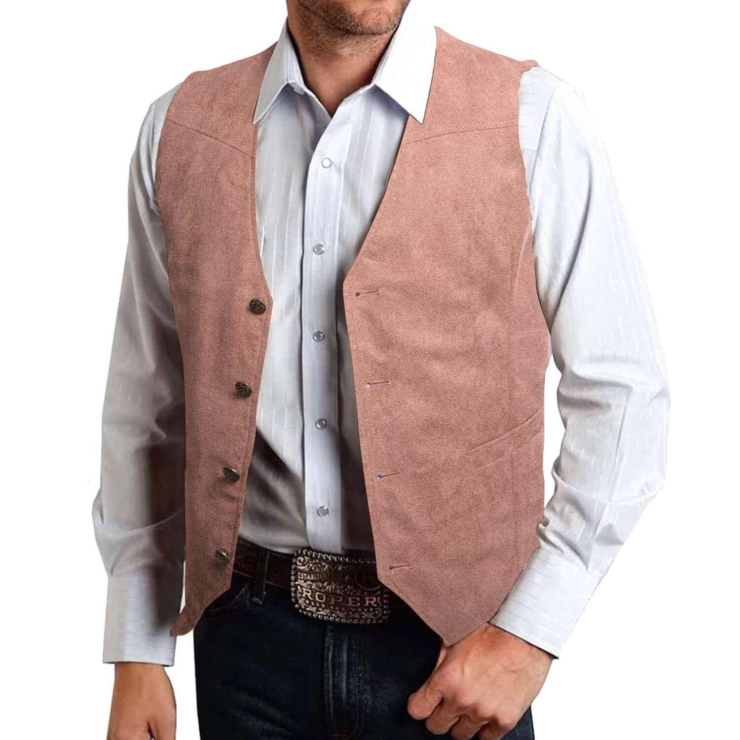 Hi-Tie Men's Vest Solid Turkish Rose Pink Suede Single Waistcoat