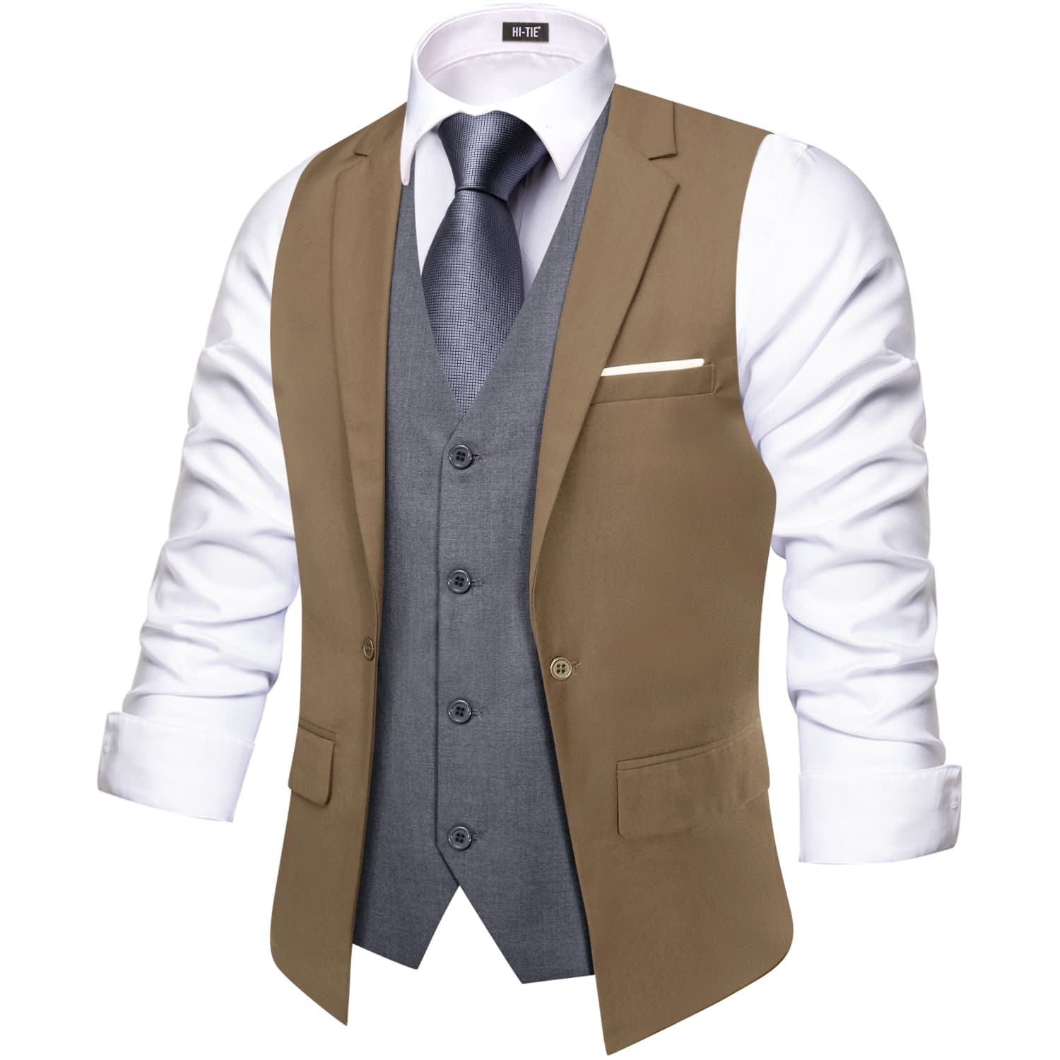 Hi-Tie Suit Vest Layered Waistcoat Camel Brown Gray Vests for Wedding