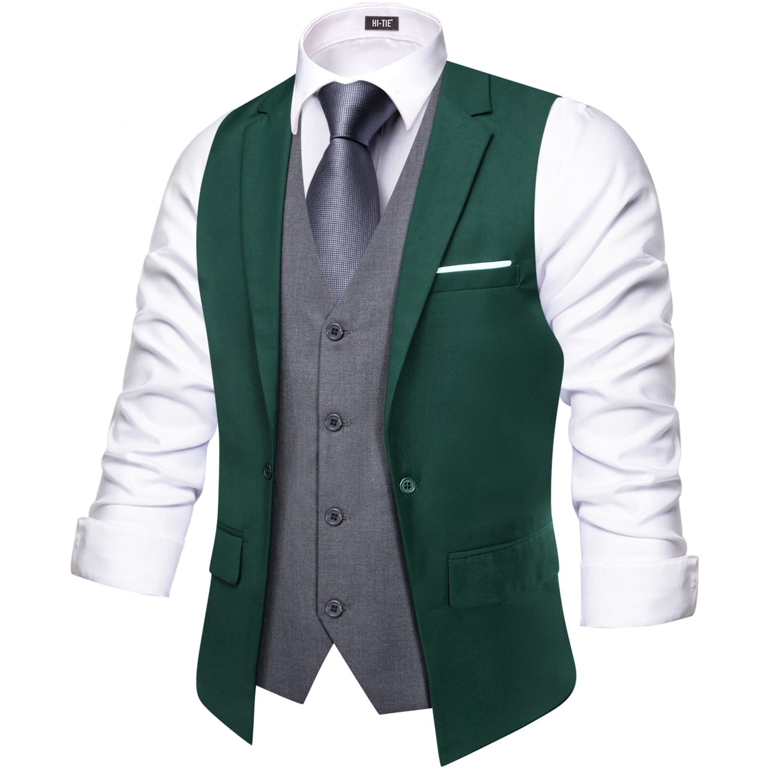 Hi-Tie Suit Vest Layered Waistcoat SeaGreen Gray Vests for Wedding