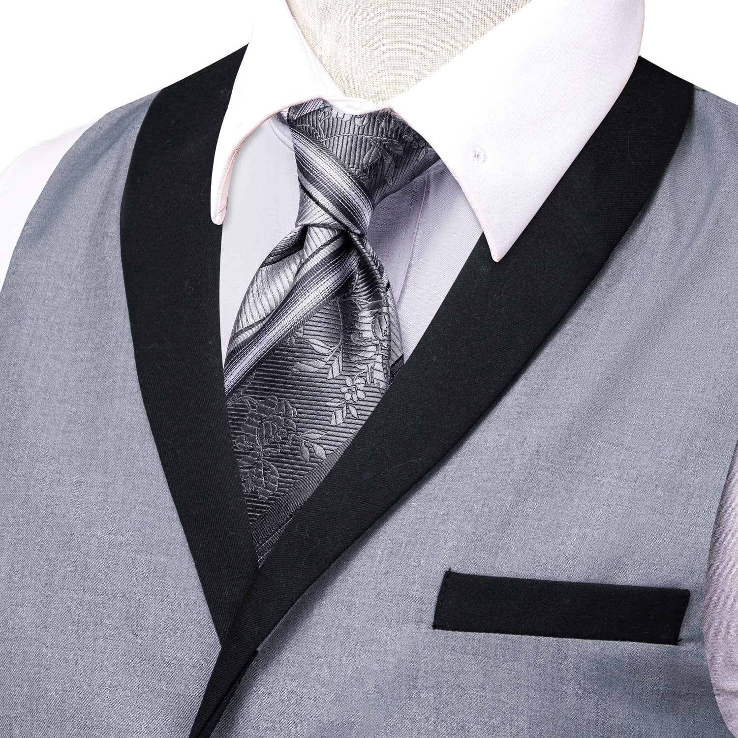 Hi-Tie Black Shawl Collar Grey Solid Waistcoat Formal Vests for Business