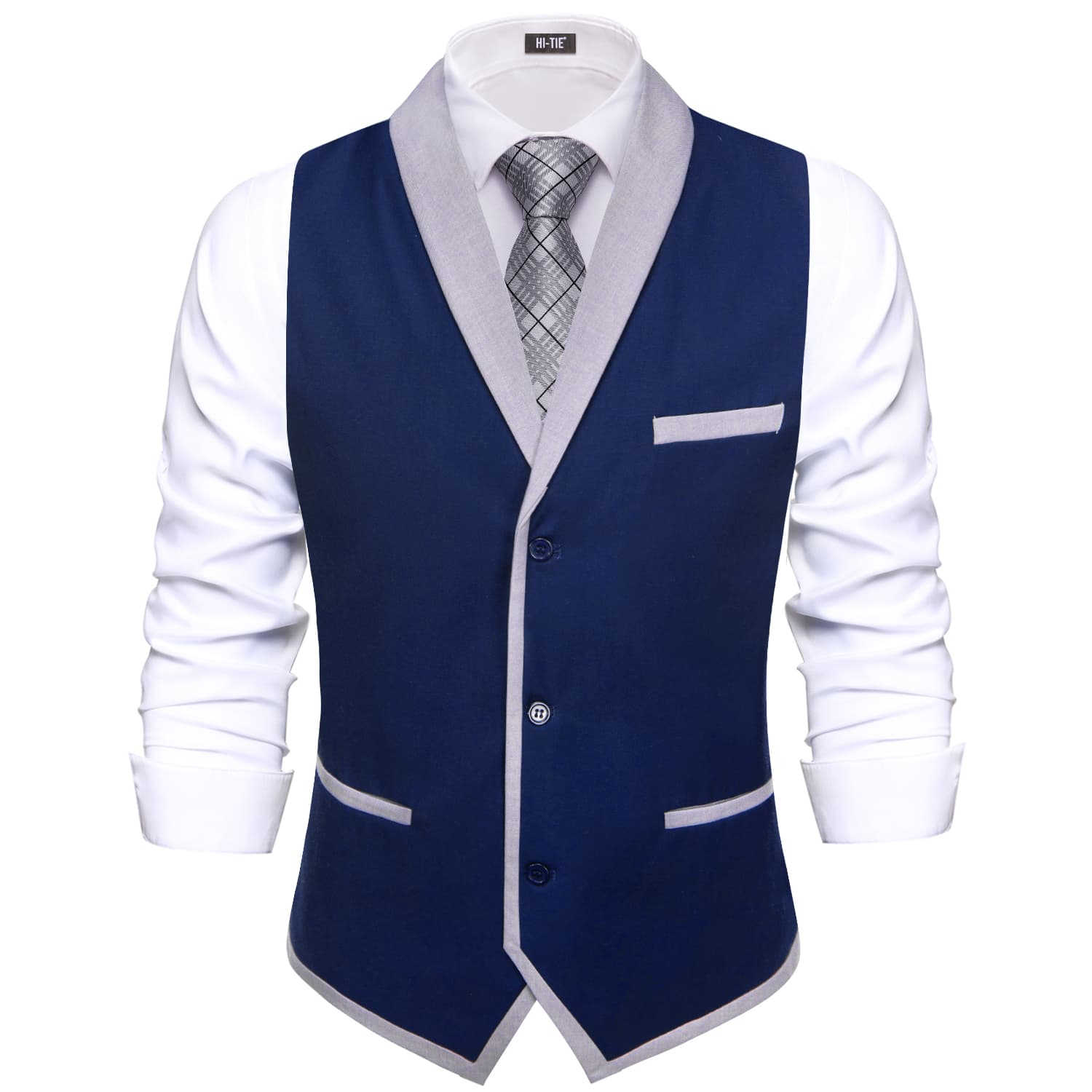 LightGrey Shawl Collar Dark Blue Solid Waistcoat Formal Vests for Business