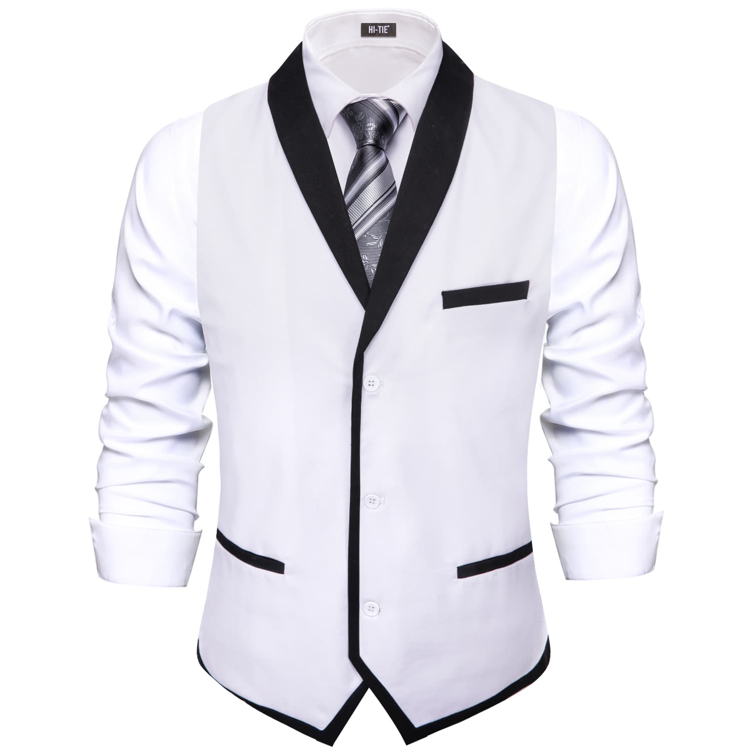  Black Shawl Collar White Solid Waistcoat Formal Vests for Business