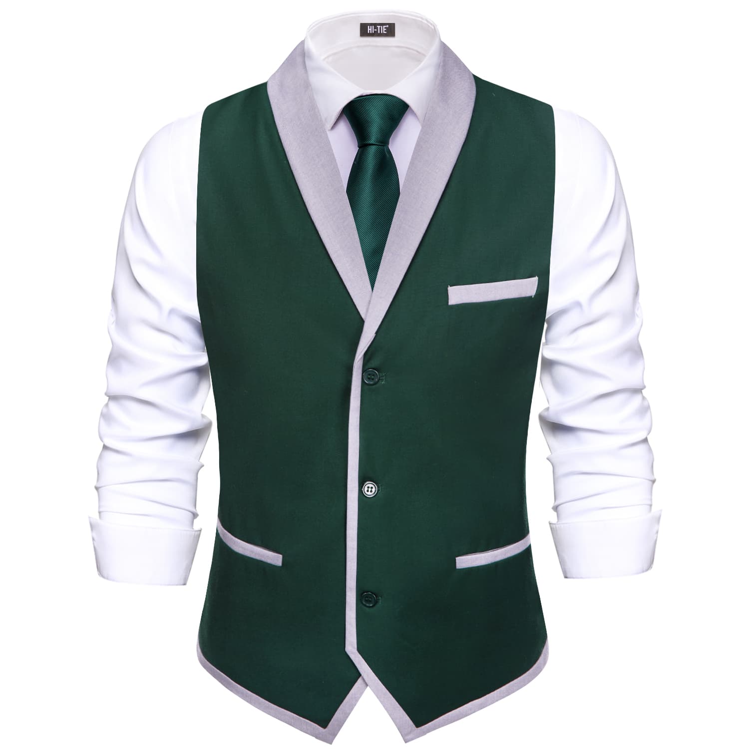 LightGrey Shawl Collar Sapphire Pine Green Solid Waistcoat Formal Vest