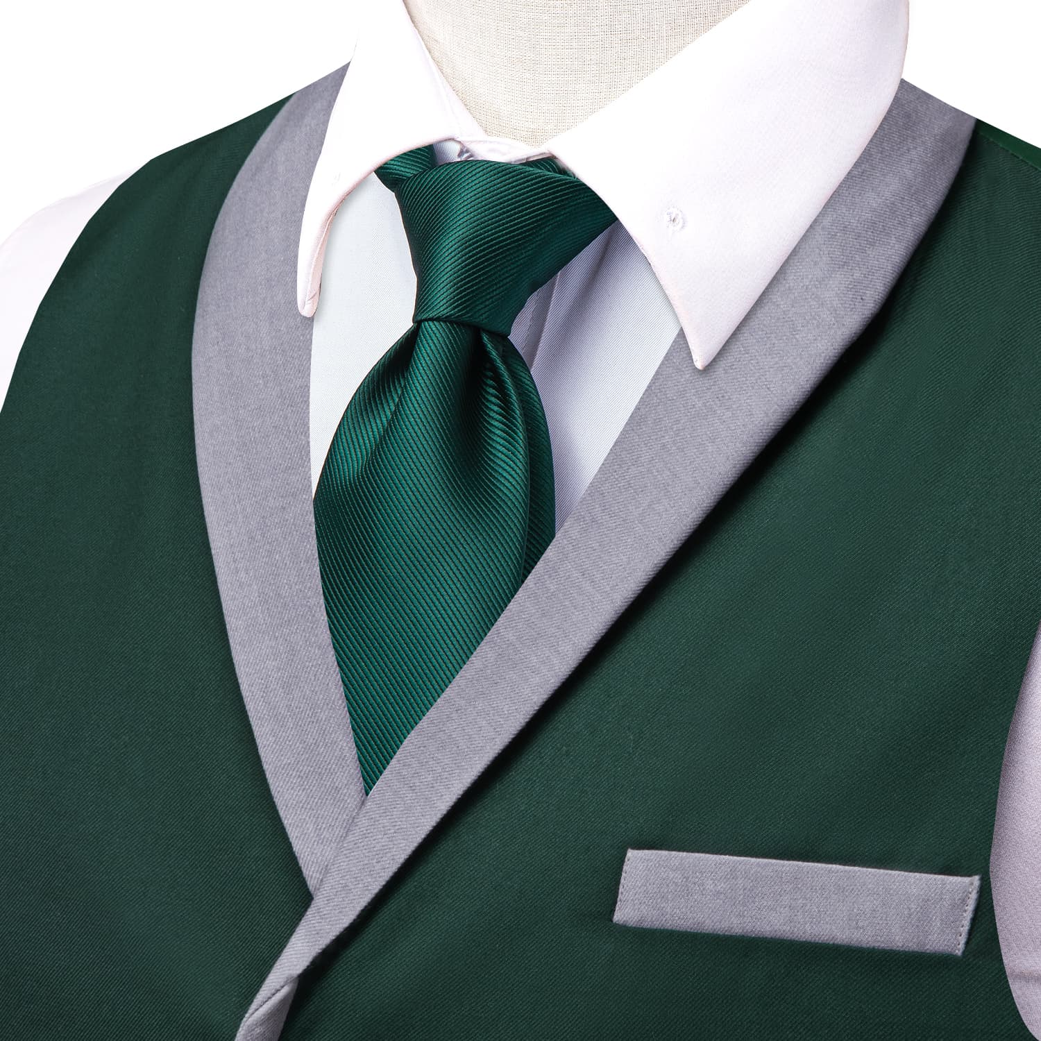 LightGrey Shawl Collar Sapphire Pine Green Solid Waistcoat Formal Vest