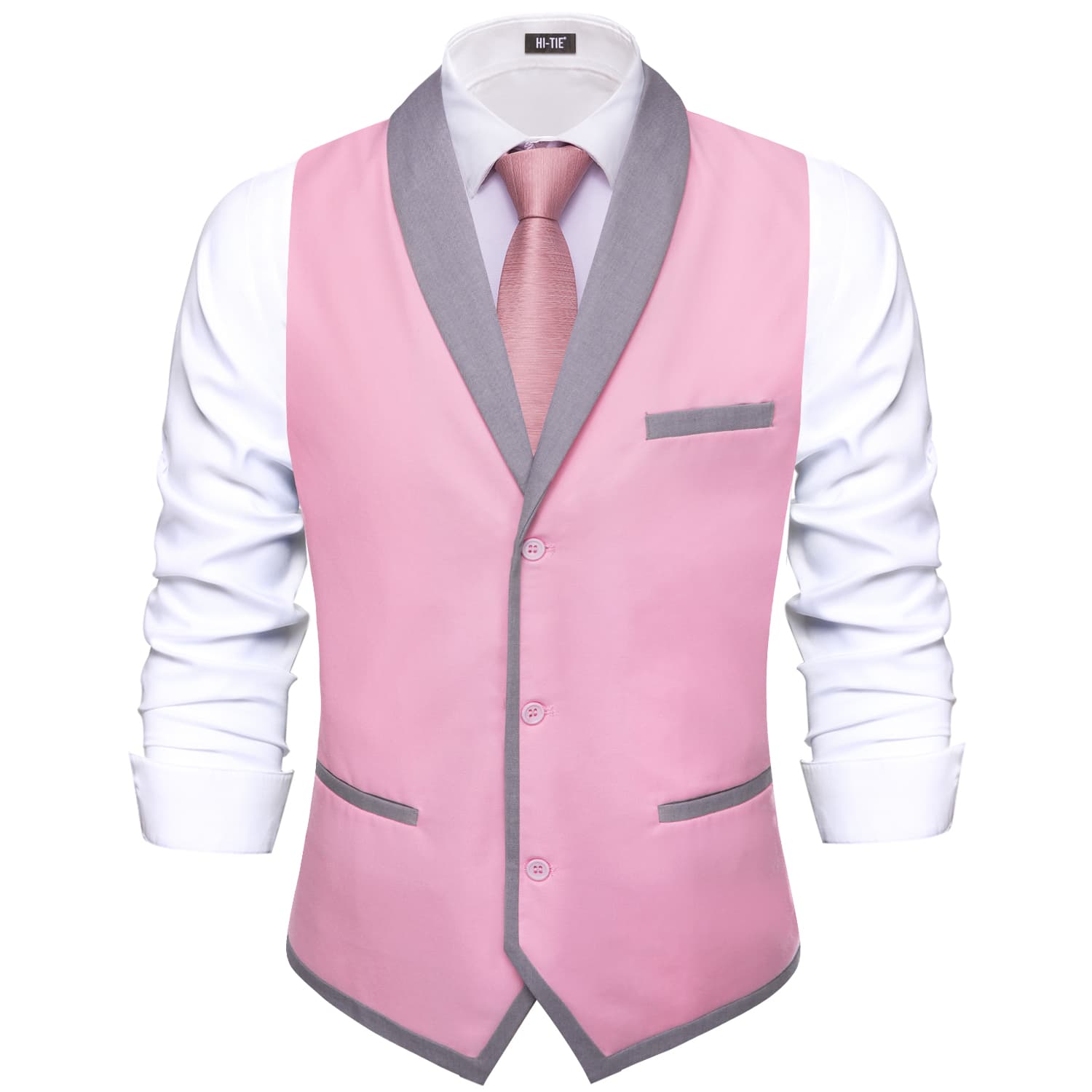 Grey Shawl Collar Pink Solid Waistcoat Formal Vests for Business