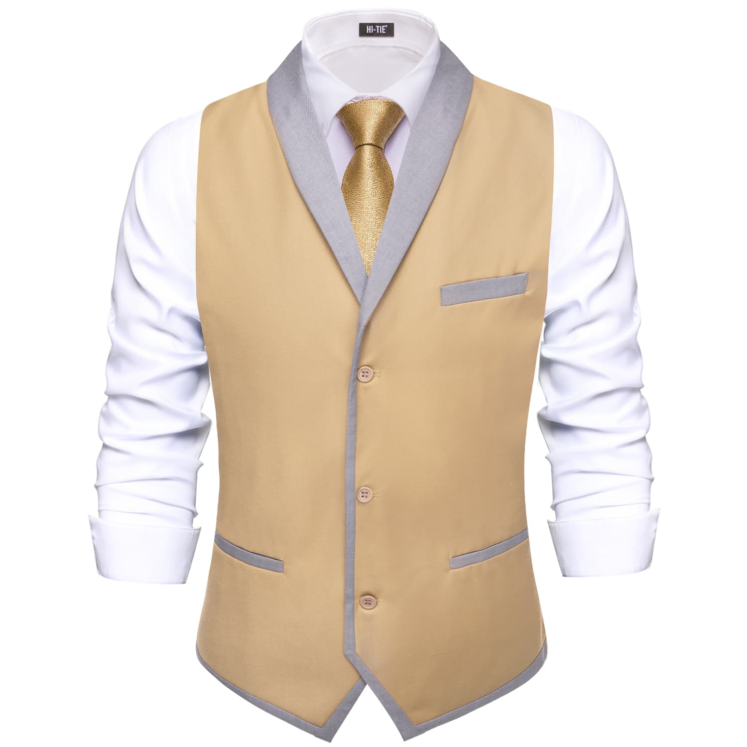 Grey Shawl Collar Beige Solid Waistcoat Formal Vests for Business