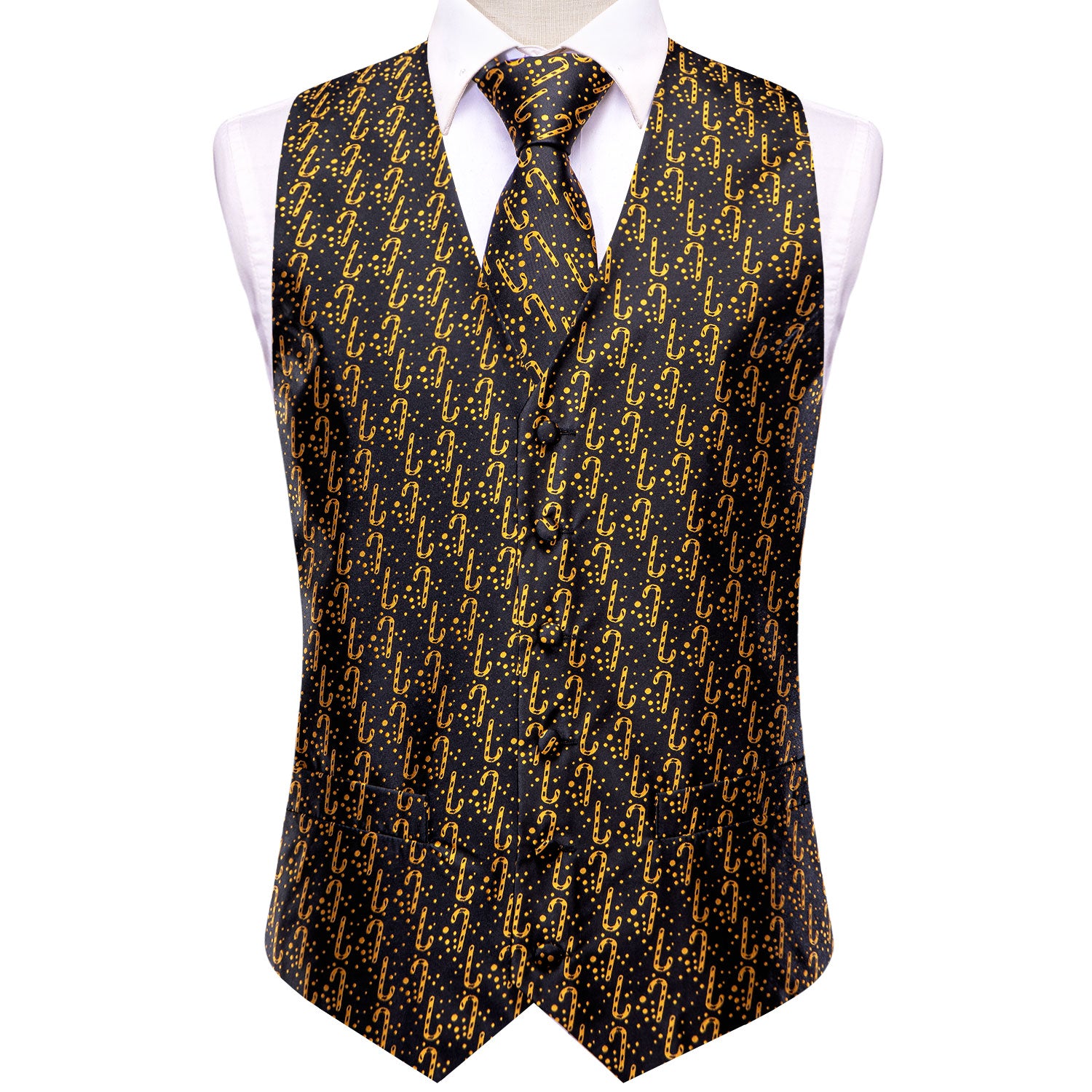 Christmas Black Golden Candy Cane Men's Vest Hanky Cufflinks Tie Set