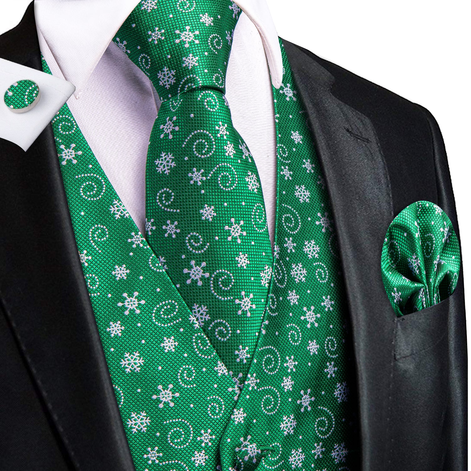 Christmas Green White Snowflakes Men's Vest Hanky Cufflinks Tie Set