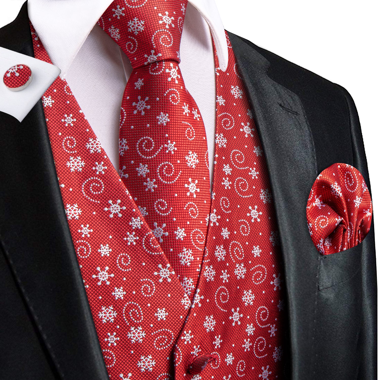 Christmas Red White Snowflakes Men's Vest Hanky Cufflinks Tie Set