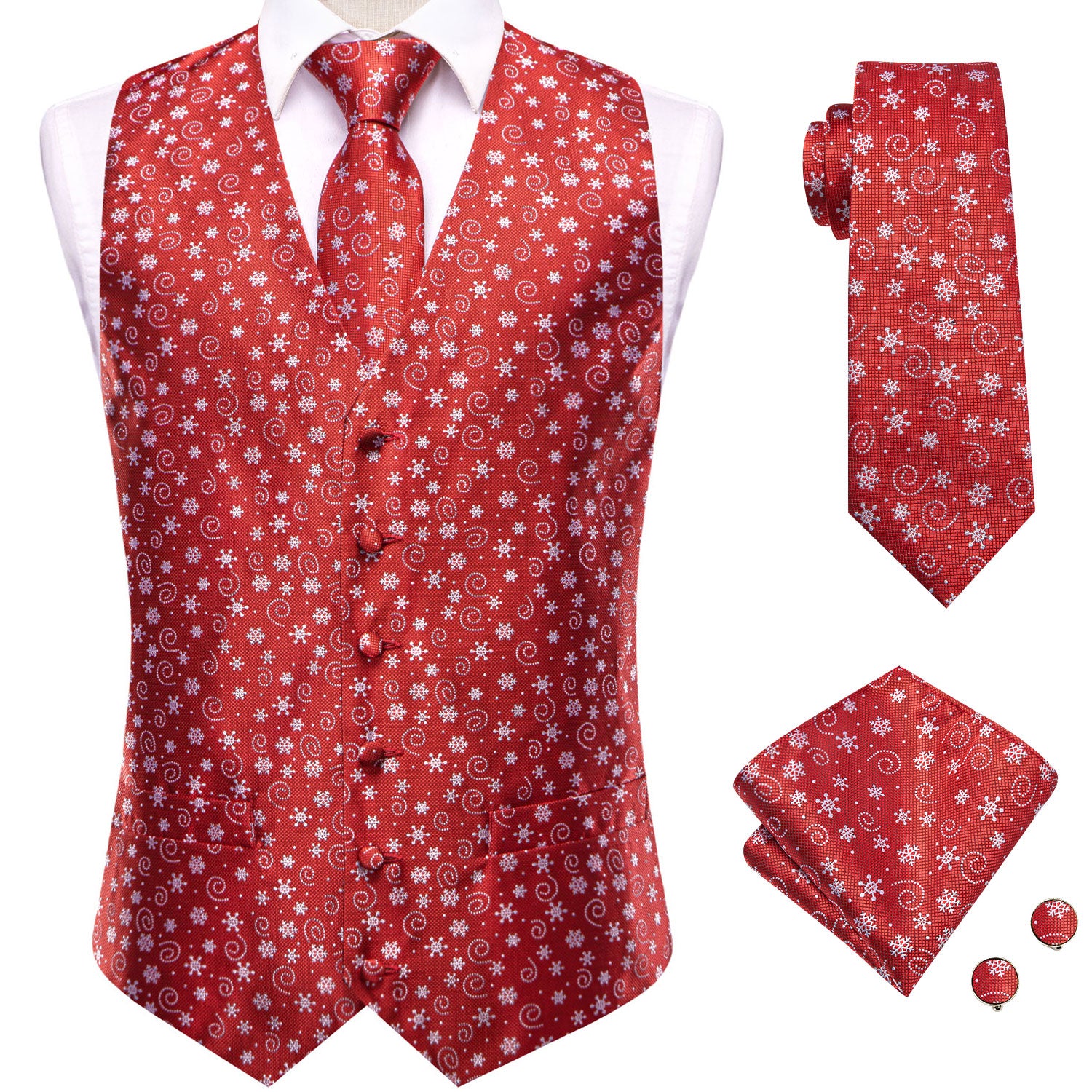 Christmas Red White Snowflakes Men's Vest Hanky Cufflinks Tie Set