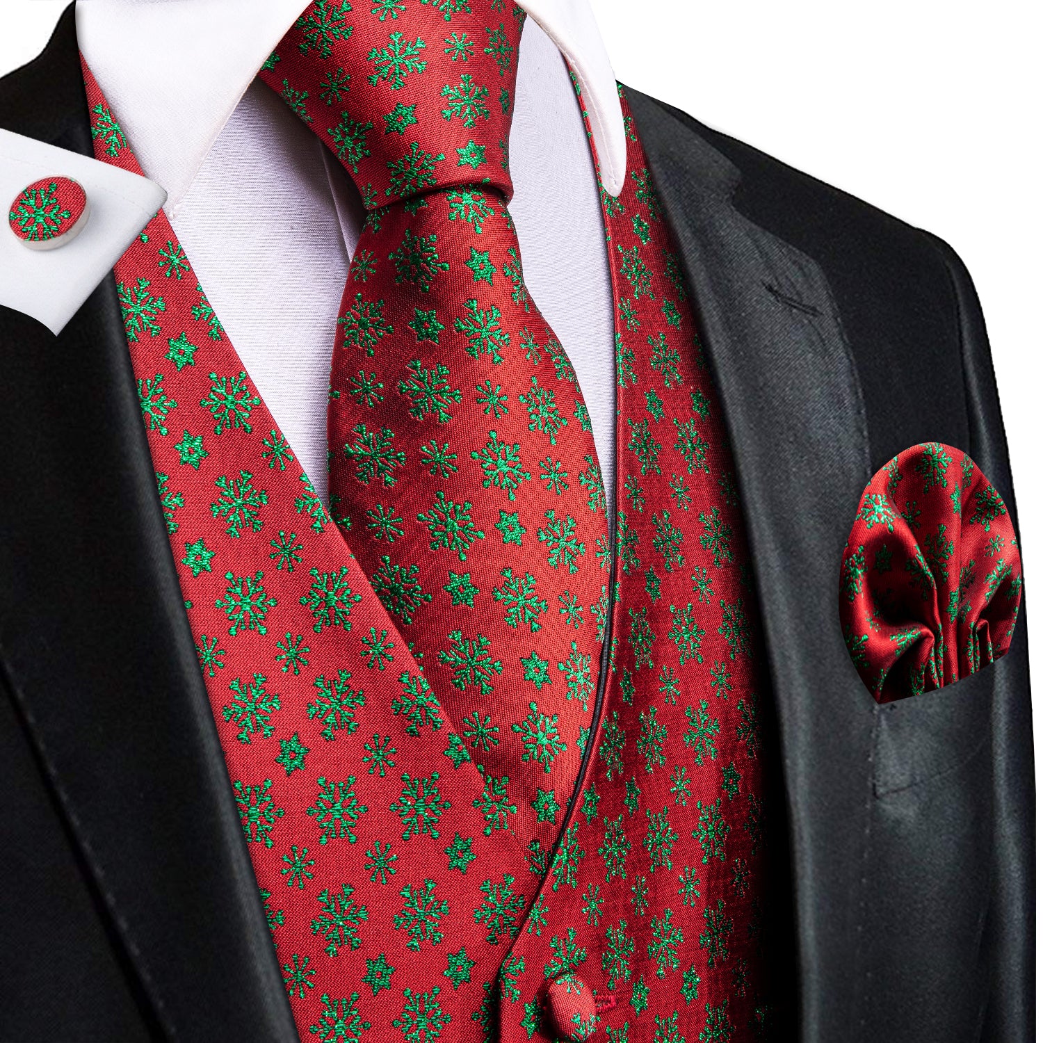 Red Green Christmas Snowflakes Men's Vest Hanky Cufflinks Tie Set