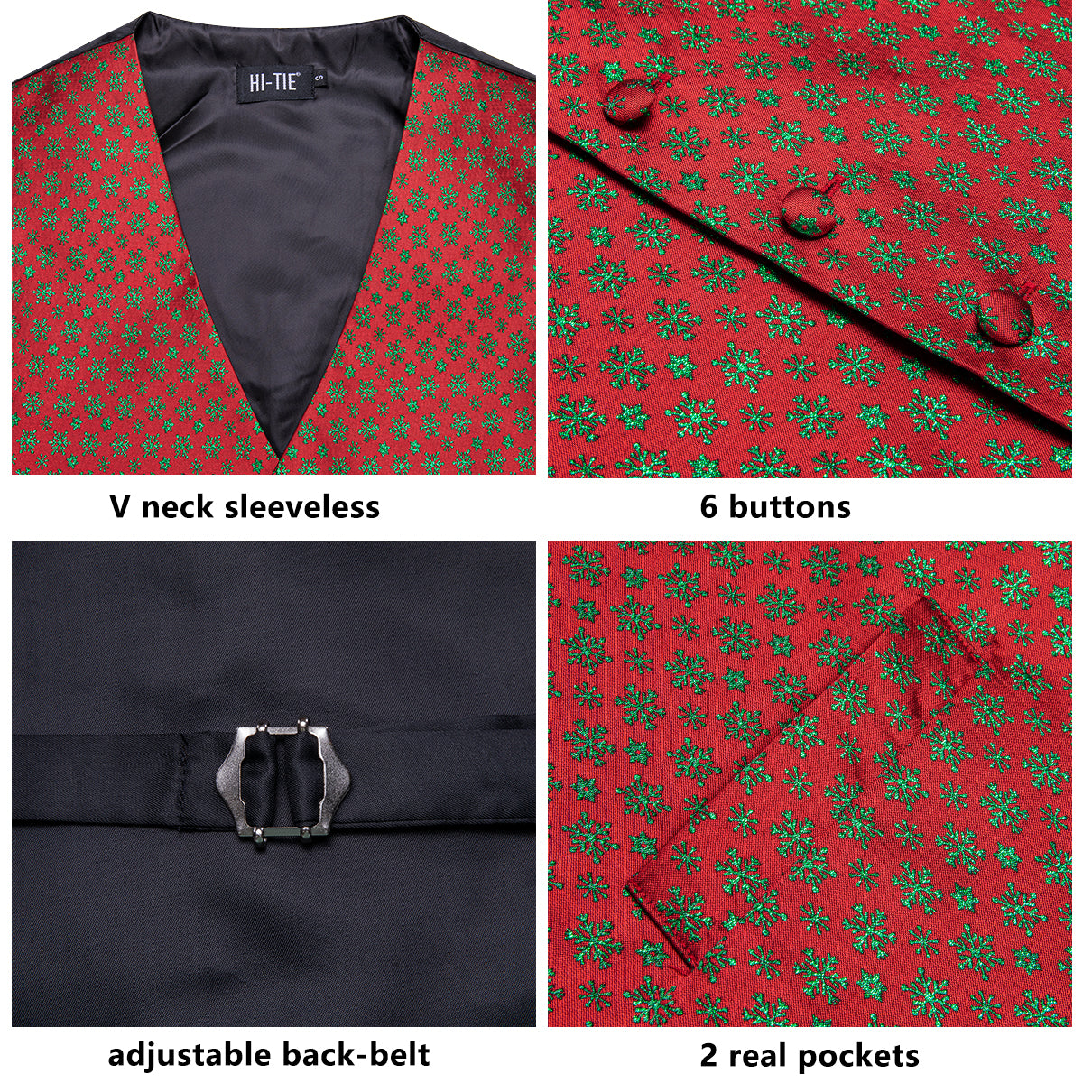 Red Green Christmas Snowflakes Men's Vest Hanky Cufflinks Tie Set