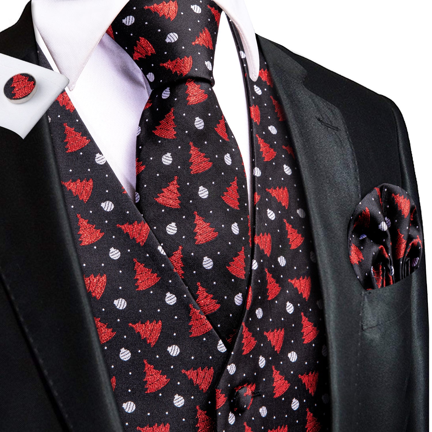 Black Red Christmas Tree Men's Vest Hanky Cufflinks Tie Set