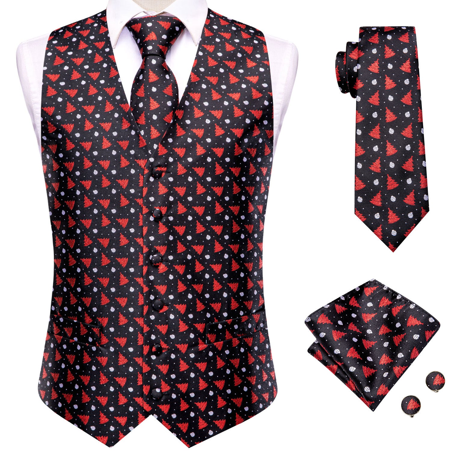 Black Red Christmas Tree Men's Vest Hanky Cufflinks Tie Set