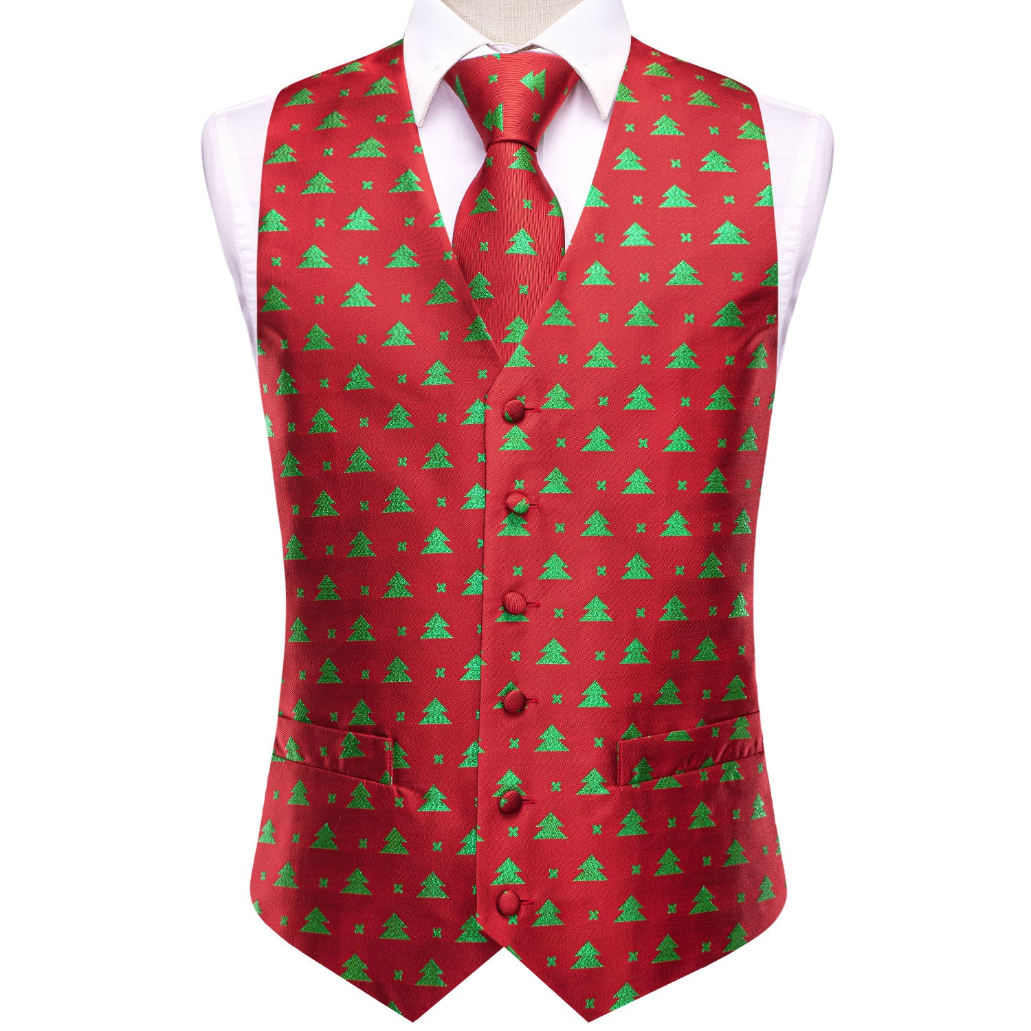 Red Green Christmas Tree Men's Vest Hanky Cufflinks Tie Set