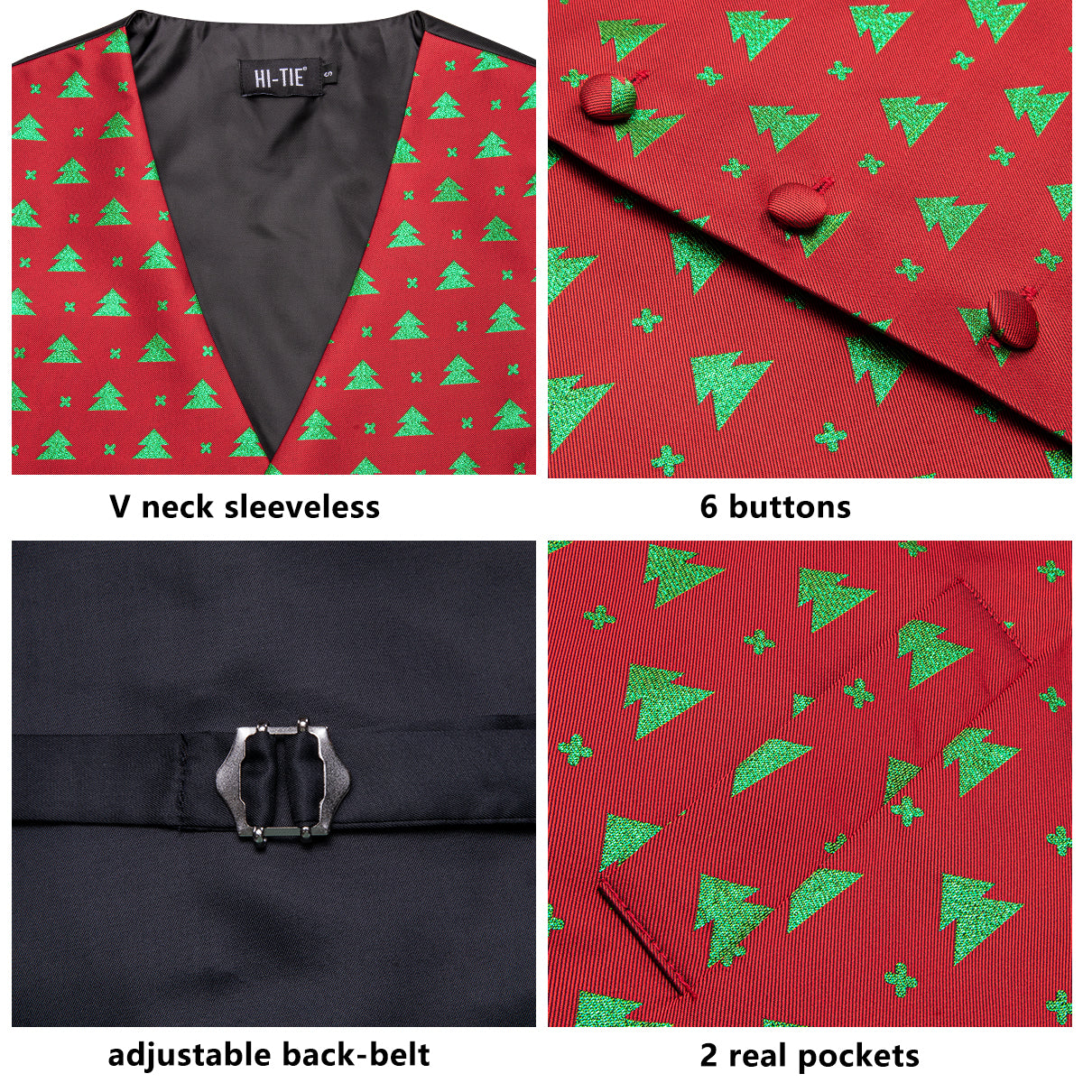Red Green Christmas Tree Men's Vest Hanky Cufflinks Tie Set