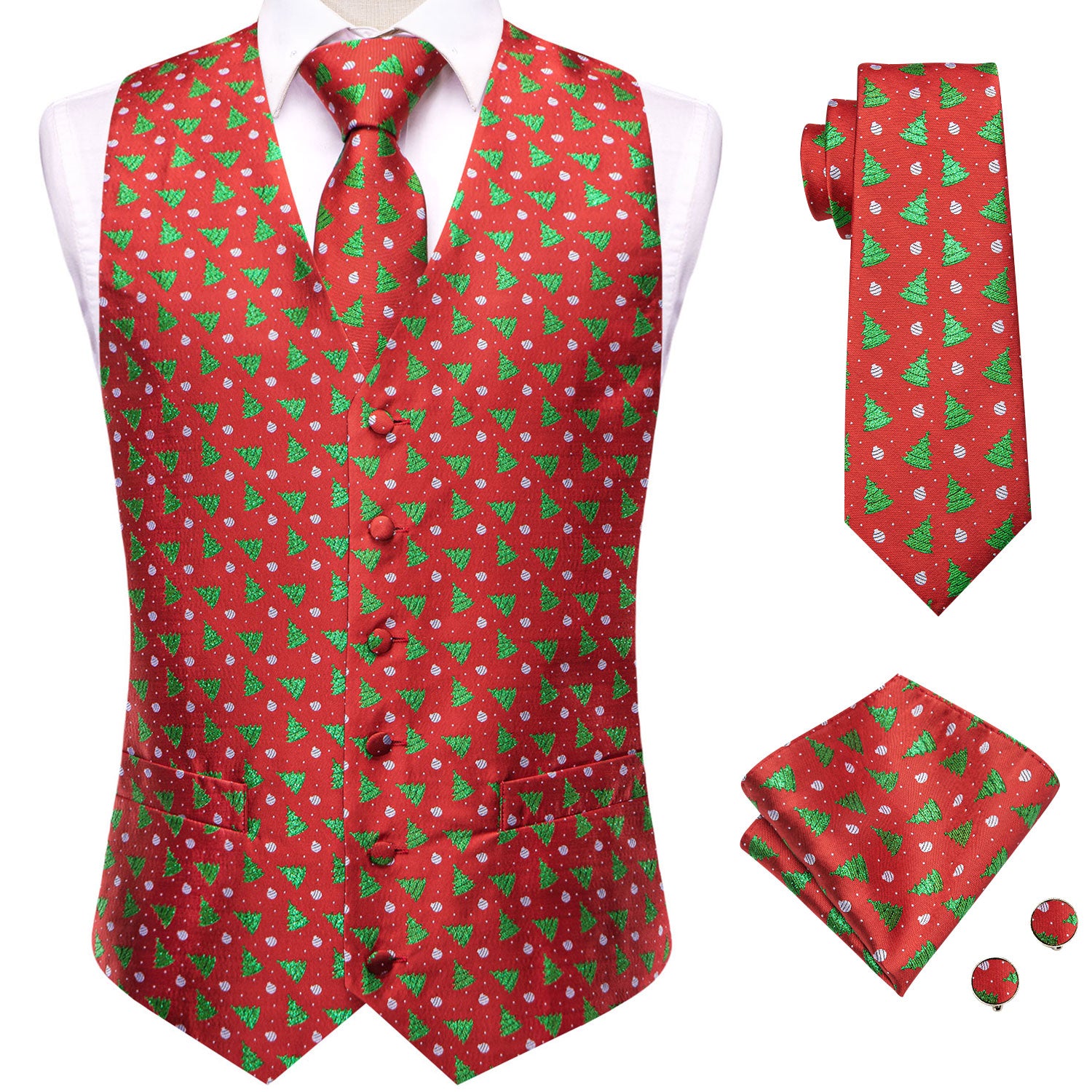 Christmas Red Green Novelty Men's Vest Hanky Cufflinks Tie Set