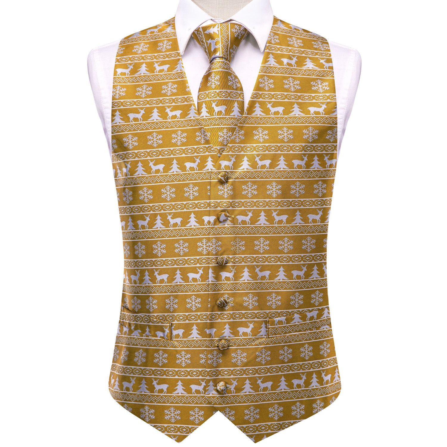 Christmas Golden White Novelty Men's Vest Hanky Cufflinks Tie Set