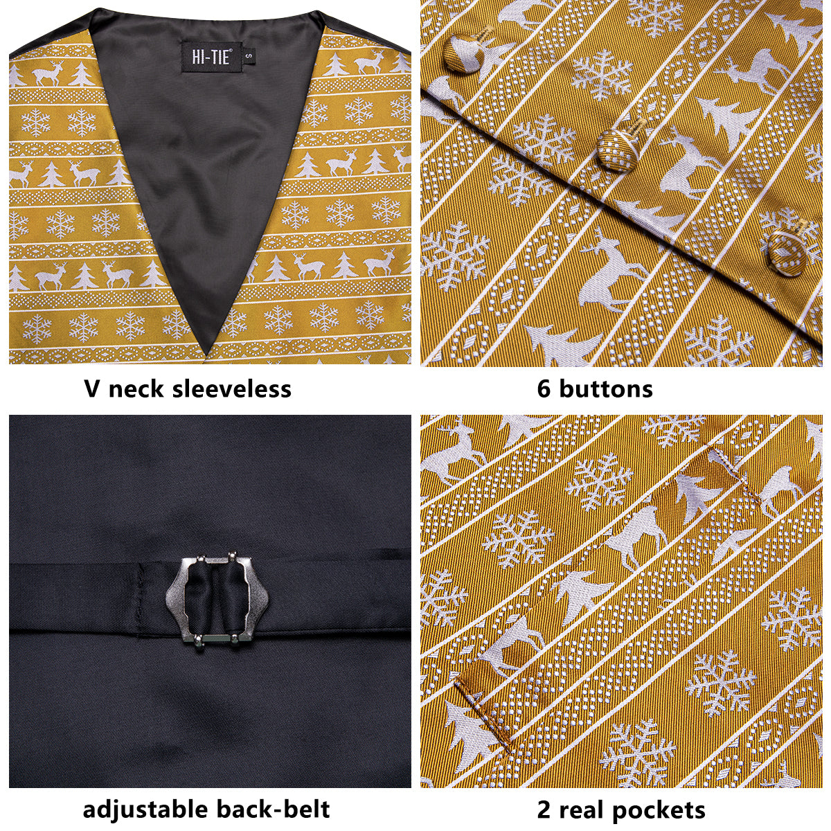Christmas Golden White Novelty Men's Vest Hanky Cufflinks Tie Set