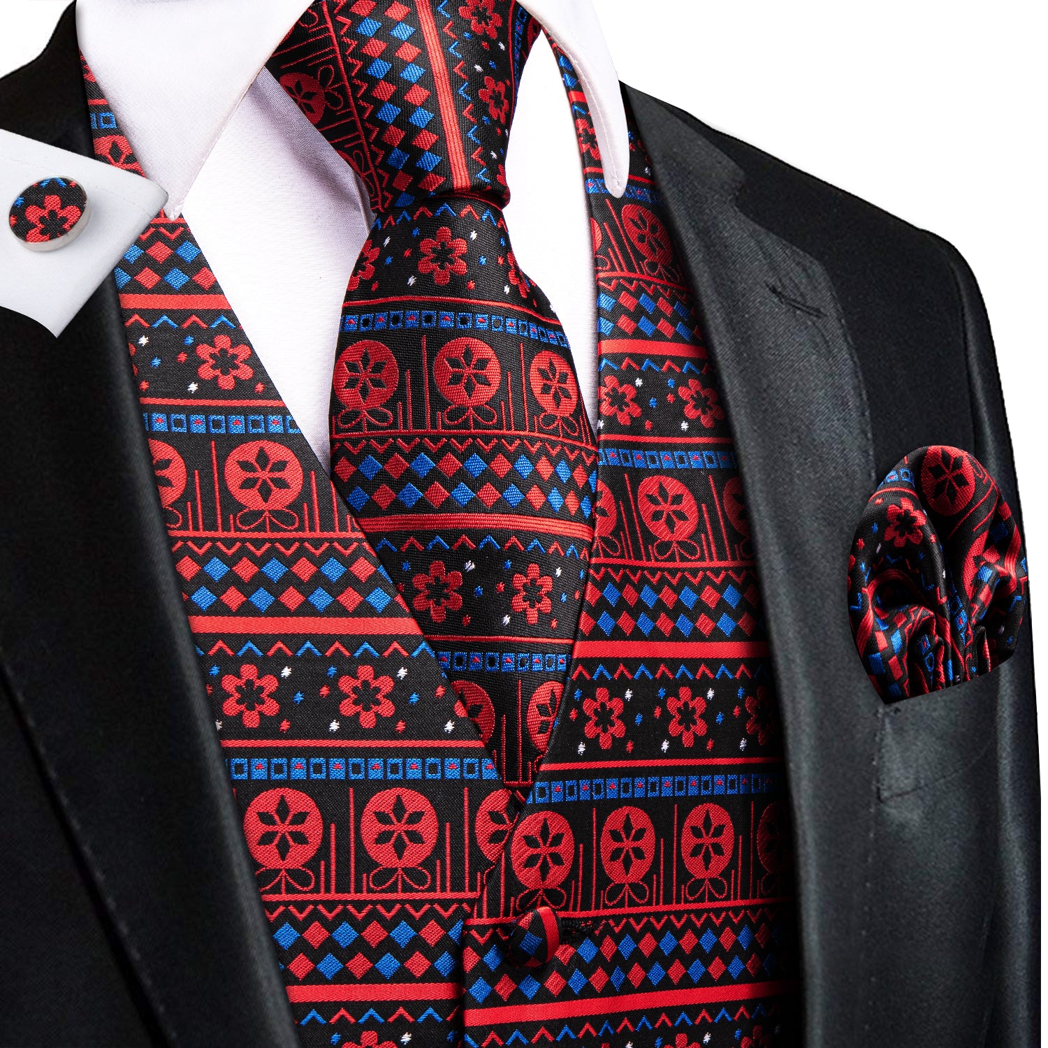 Christmas Red Blue Novelty Men's Vest Hanky Cufflinks Tie Set