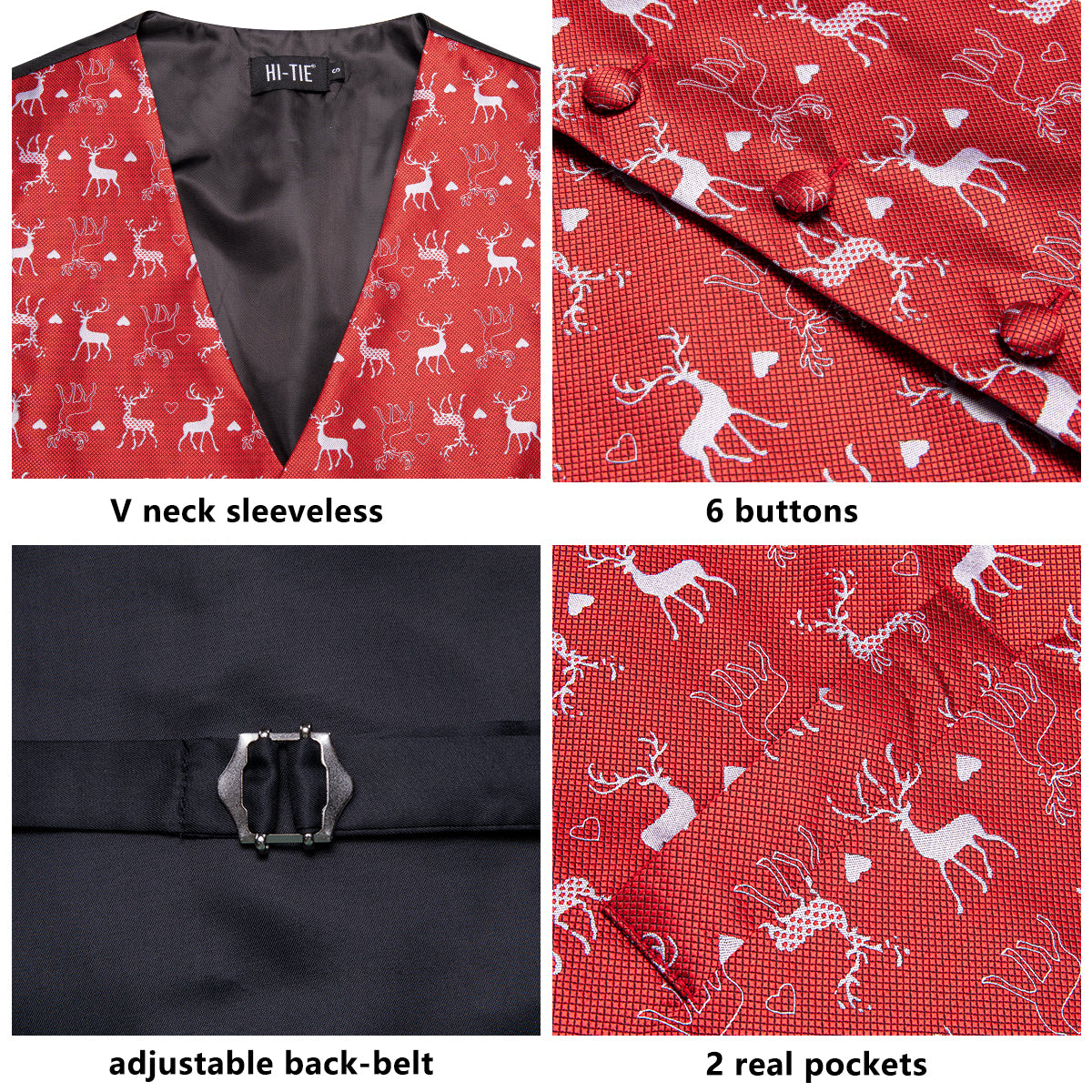 Christmas Red White Deer Men's Vest Hanky Cufflinks Tie Set