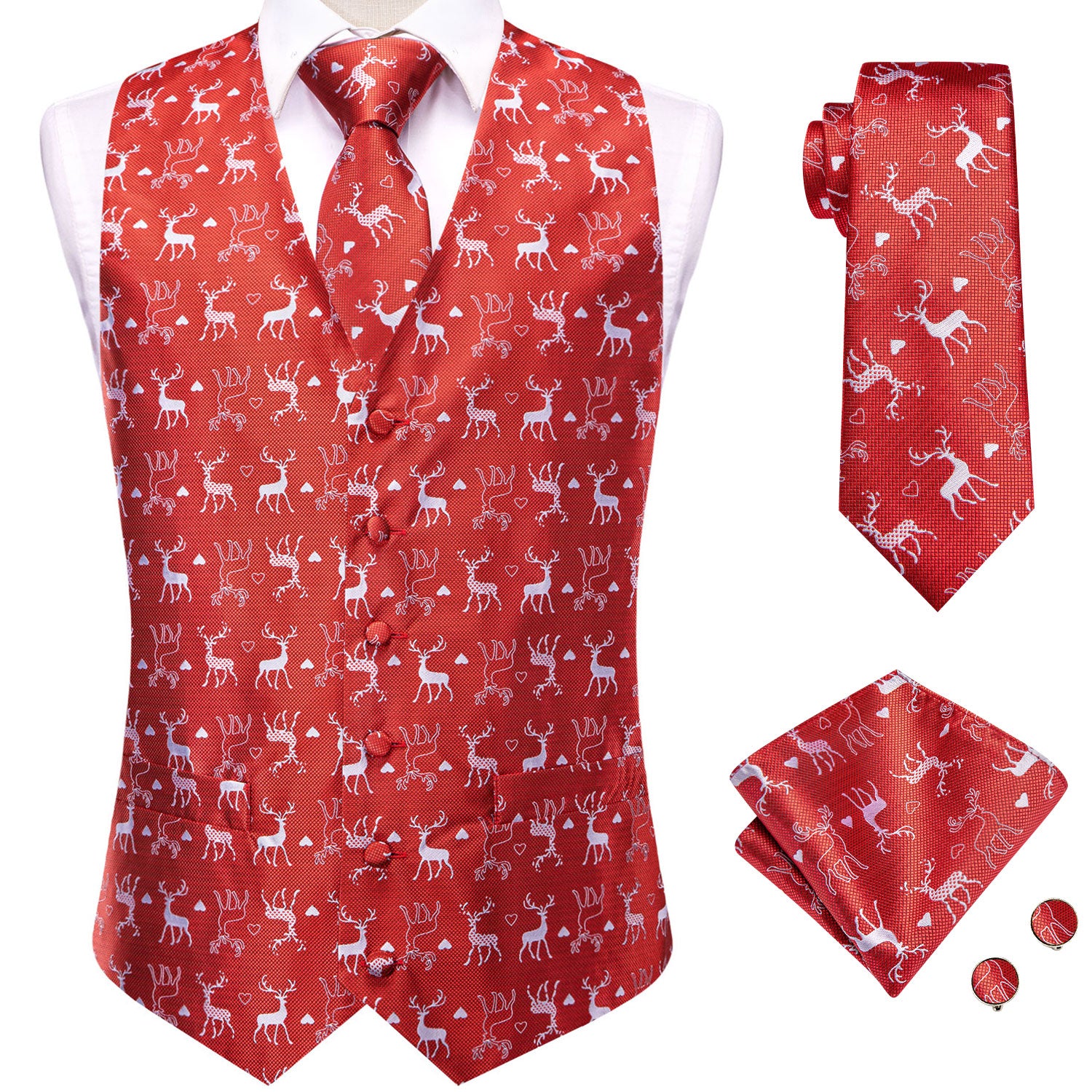 Christmas Red White Deer Men's Vest Hanky Cufflinks Tie Set