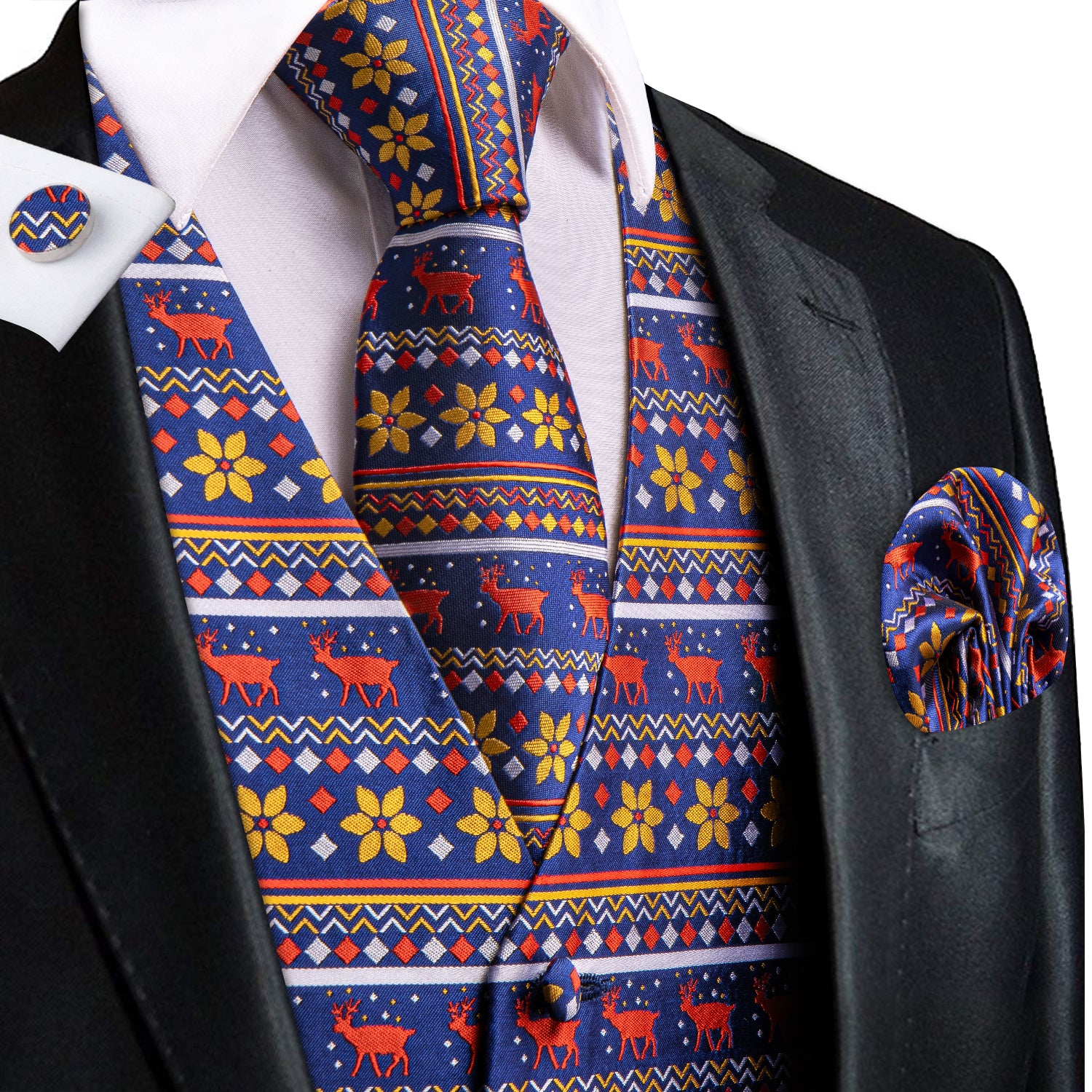 Christmas Blue Novelty Men's Vest Hanky Cufflinks Tie Set