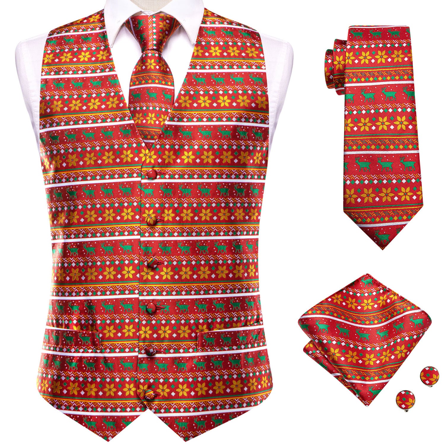 Christmas Red Novelty Men's Vest Hanky Cufflinks Tie Set