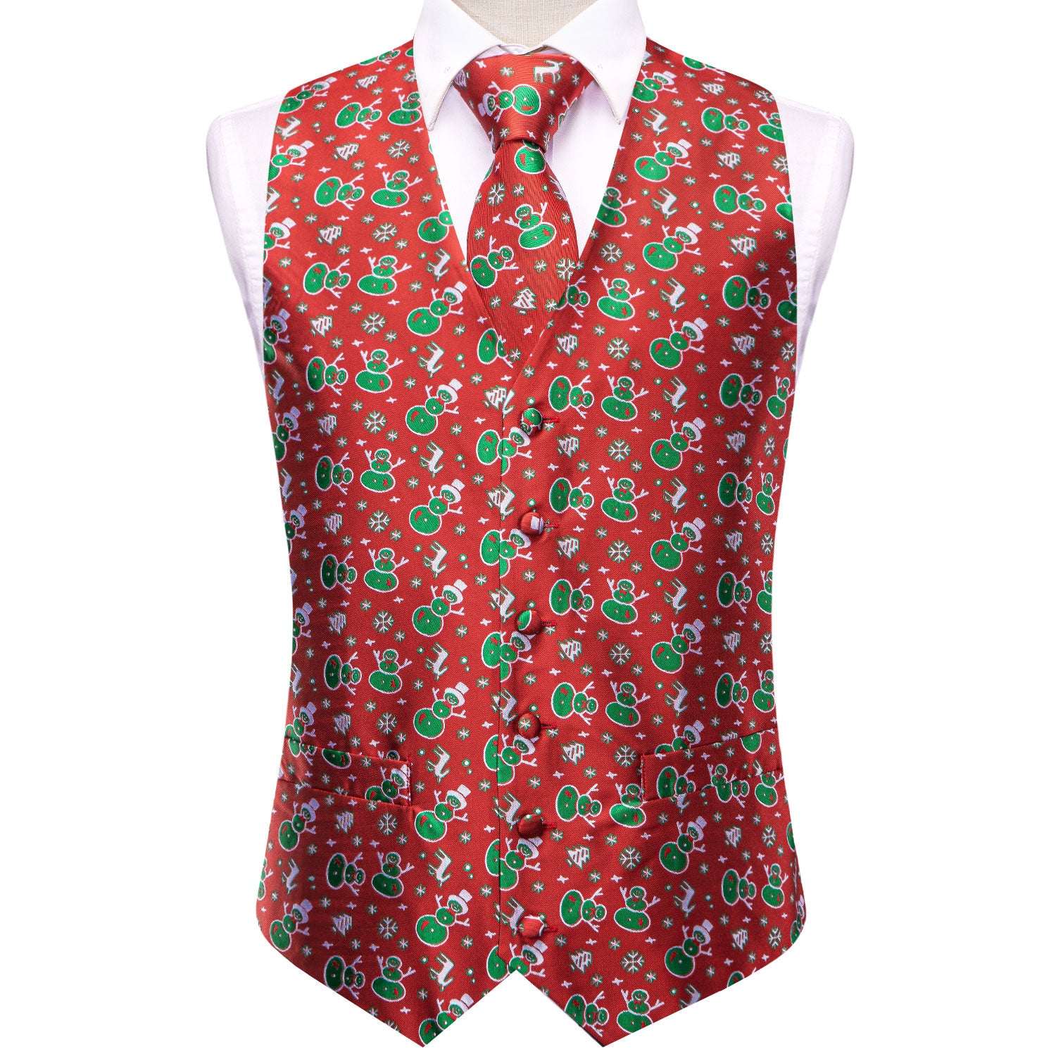 Christmas Red Green Snowmen Men's Vest Hanky Cufflinks Tie Set