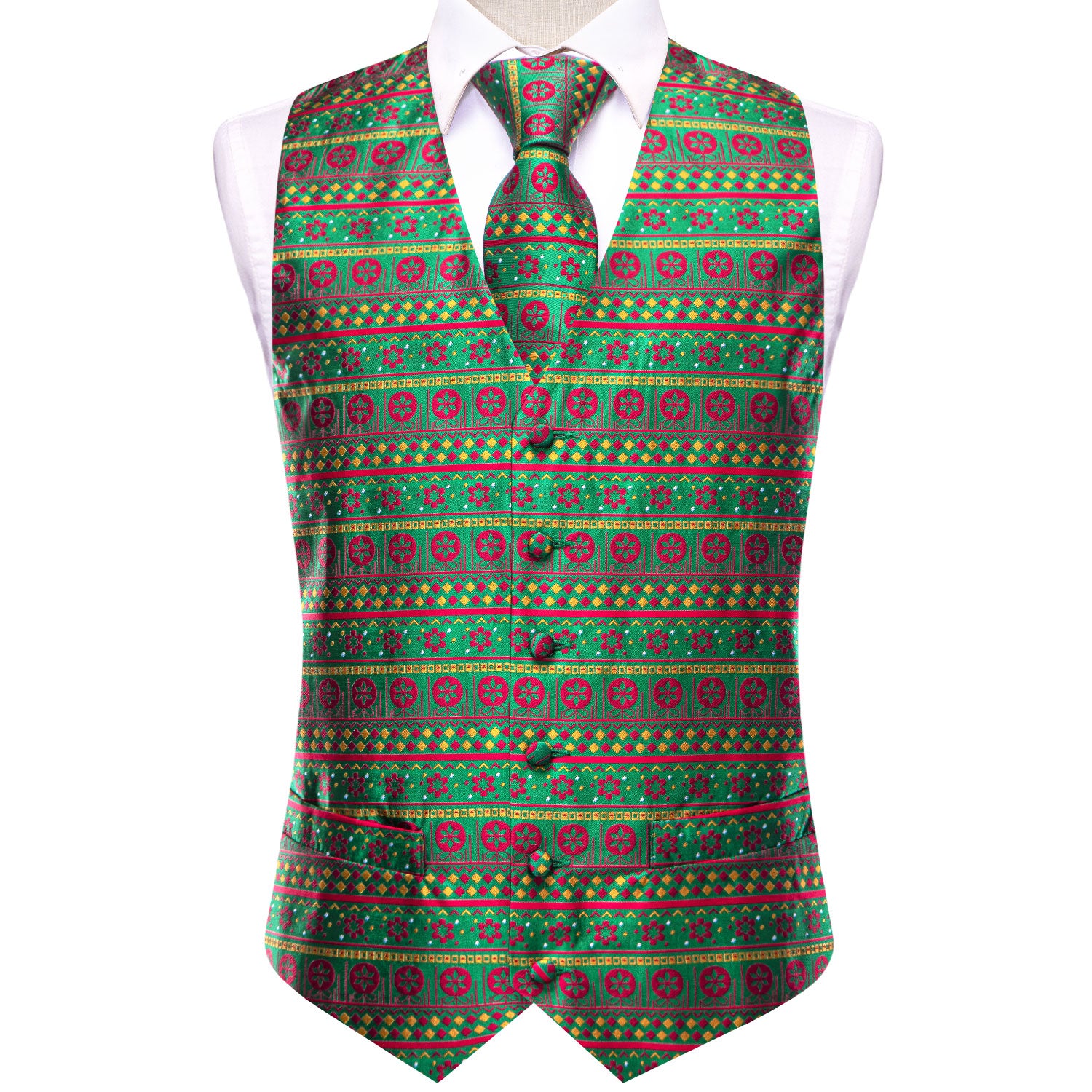 Christmas Green Novelty Men's Vest Hanky Cufflinks Tie Set