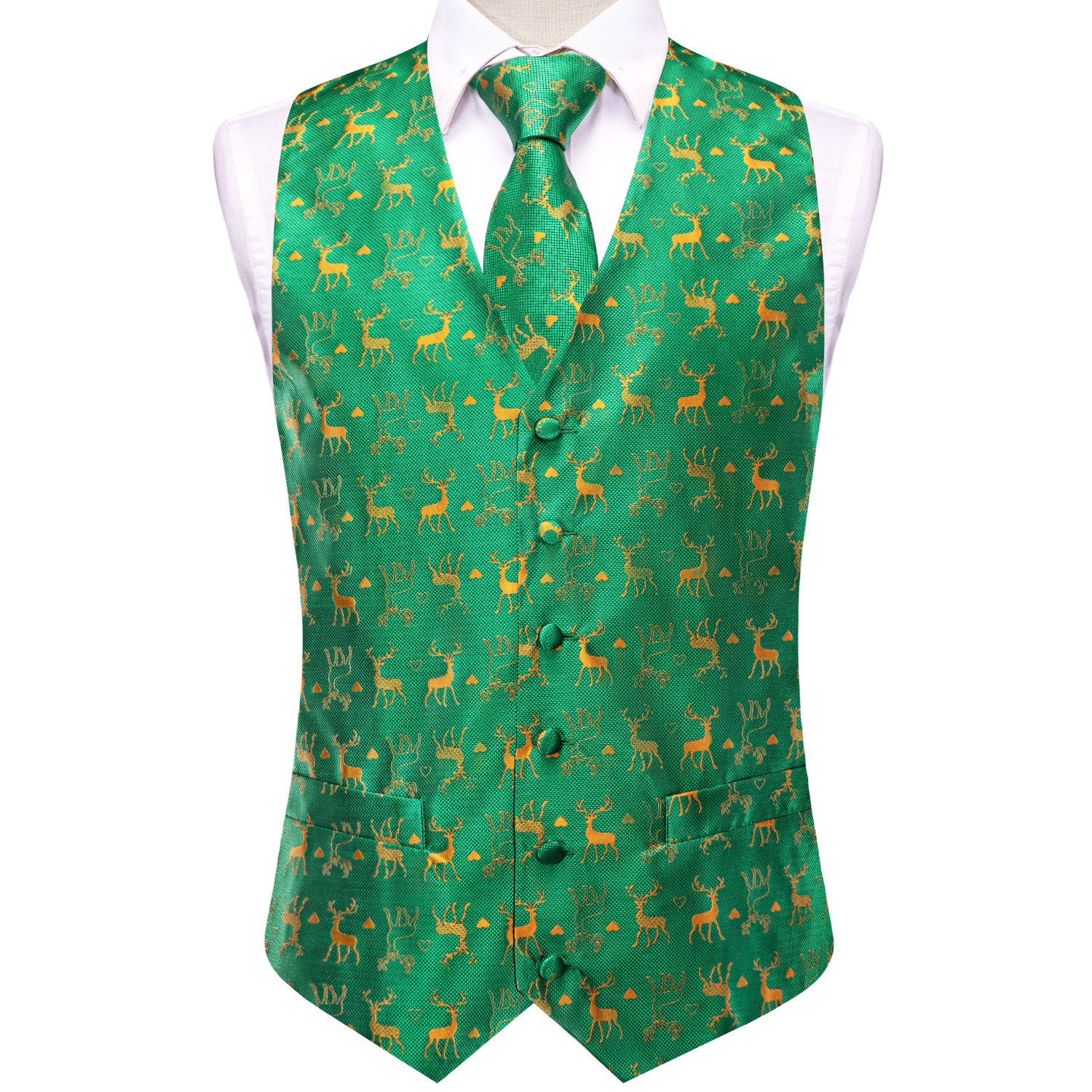 Christmas Green Gold Deer Men's Vest Hanky Cufflinks Tie Set