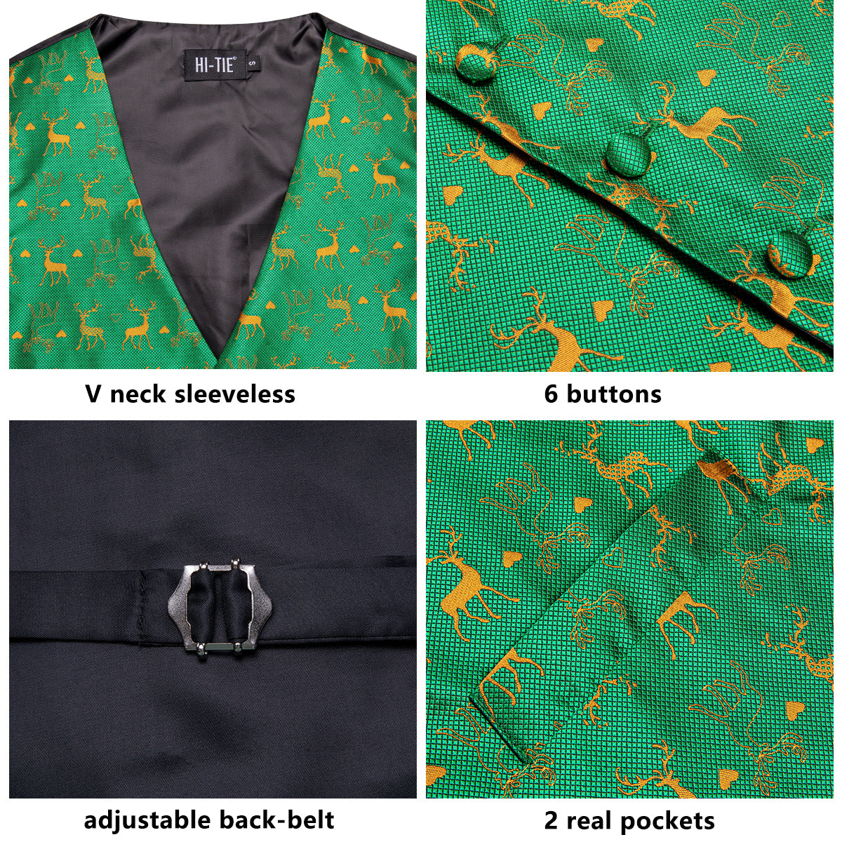 Christmas Green Gold Deer Men's Vest Hanky Cufflinks Tie Set