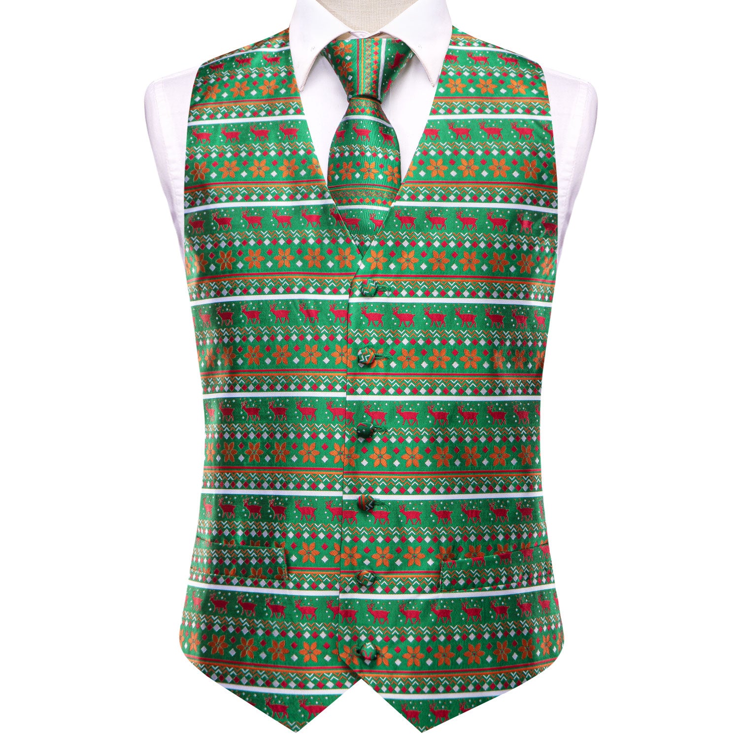 Christmas Pattern Green Novelty Men's Vest Hanky Cufflinks Tie Set