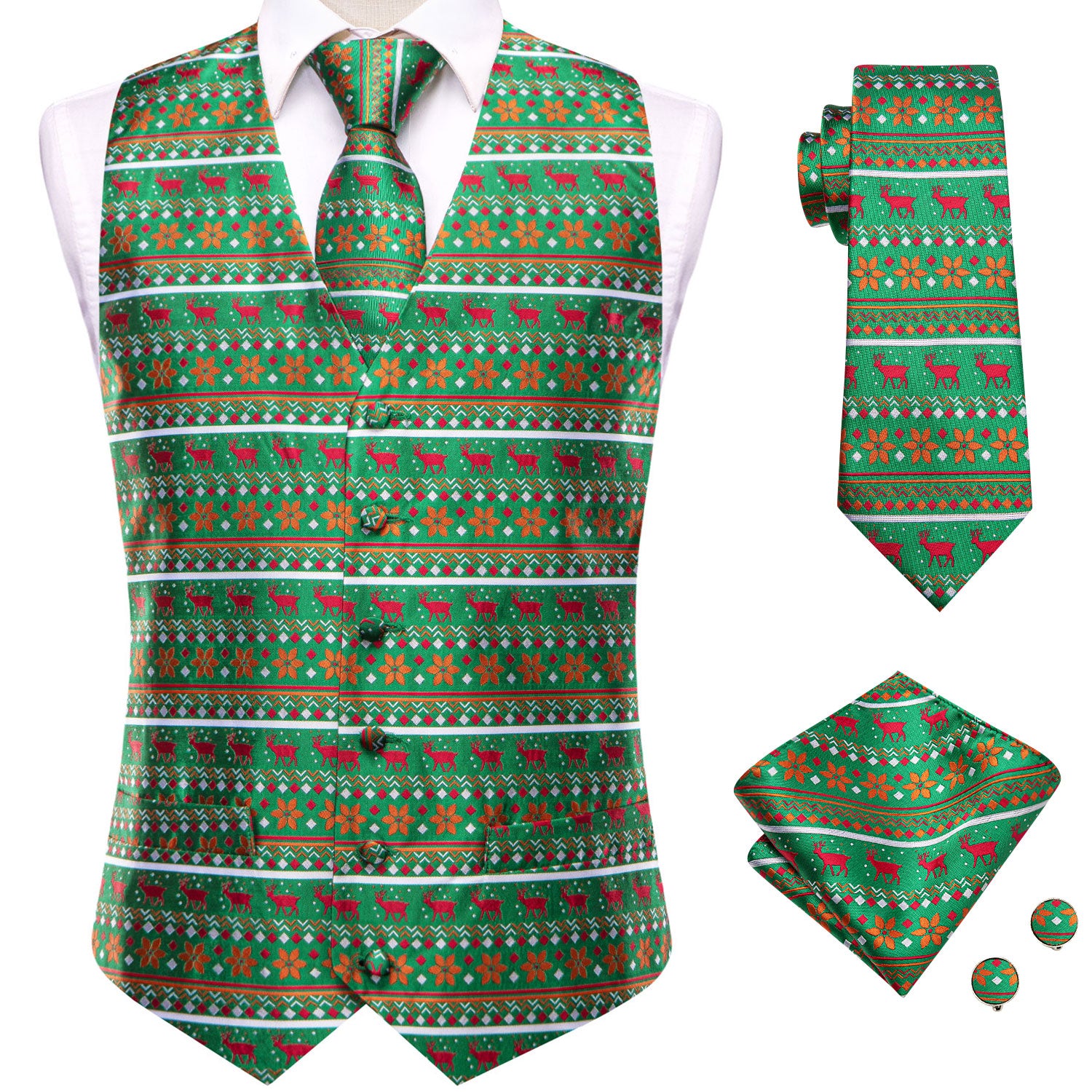 Christmas Pattern Green Novelty Men's Vest Hanky Cufflinks Tie Set