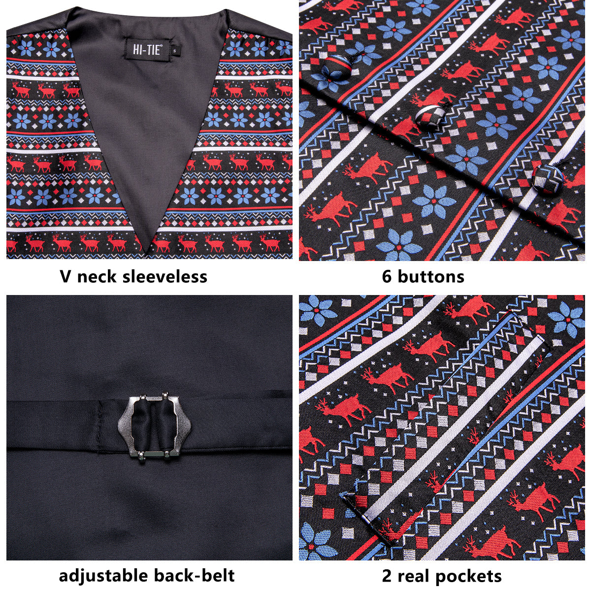 Christmas Black Red Novelty Men's Vest Hanky Cufflinks Tie Set