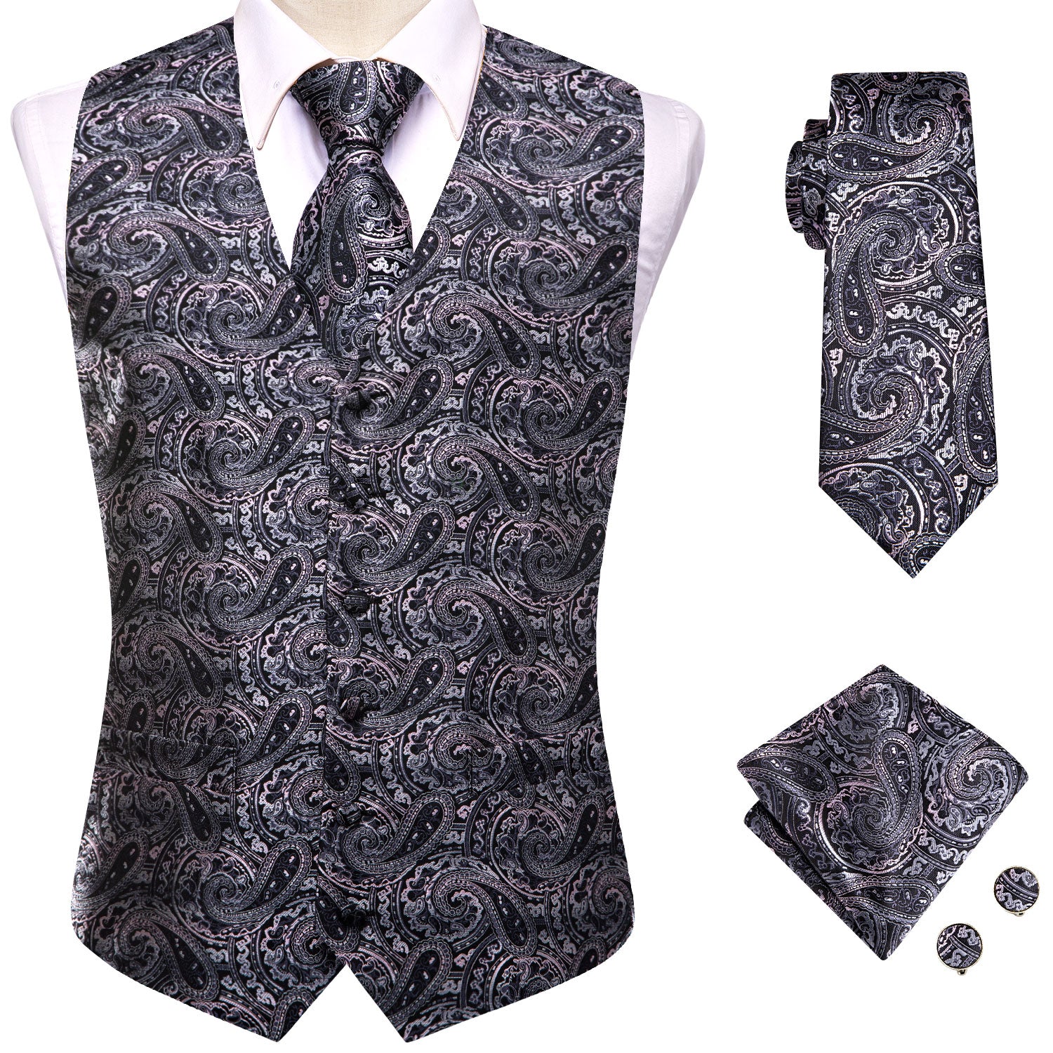 Grey Black Pink Paisley Men's Vest Hanky Cufflinks Tie Set Party