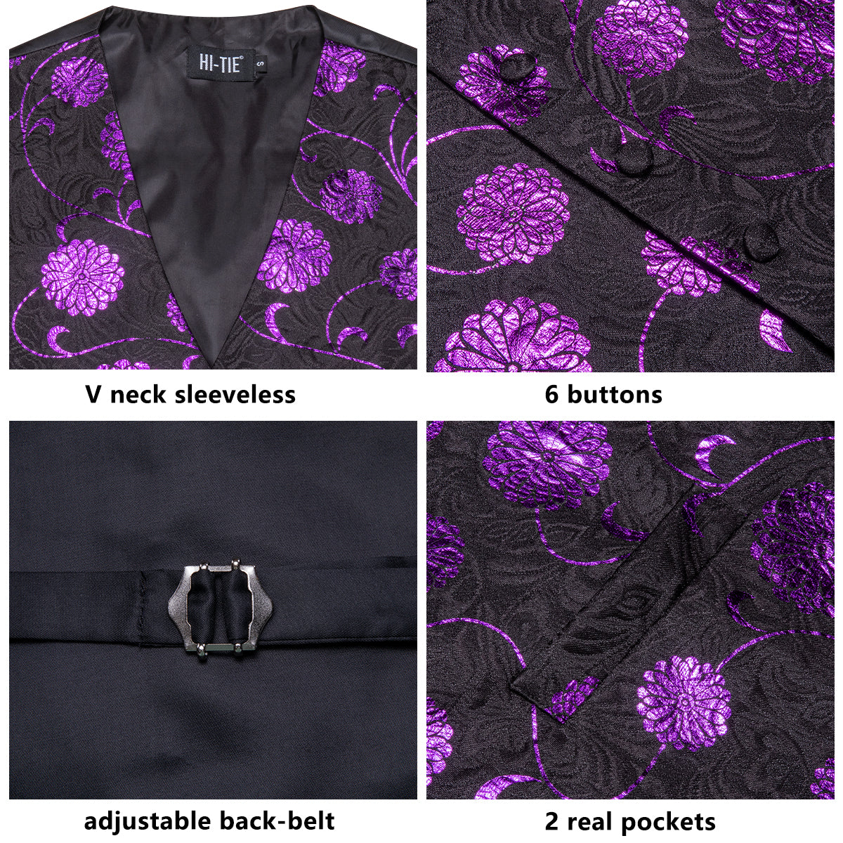 Black Purple Floral Men's Vest Hanky Cufflinks Tie Set