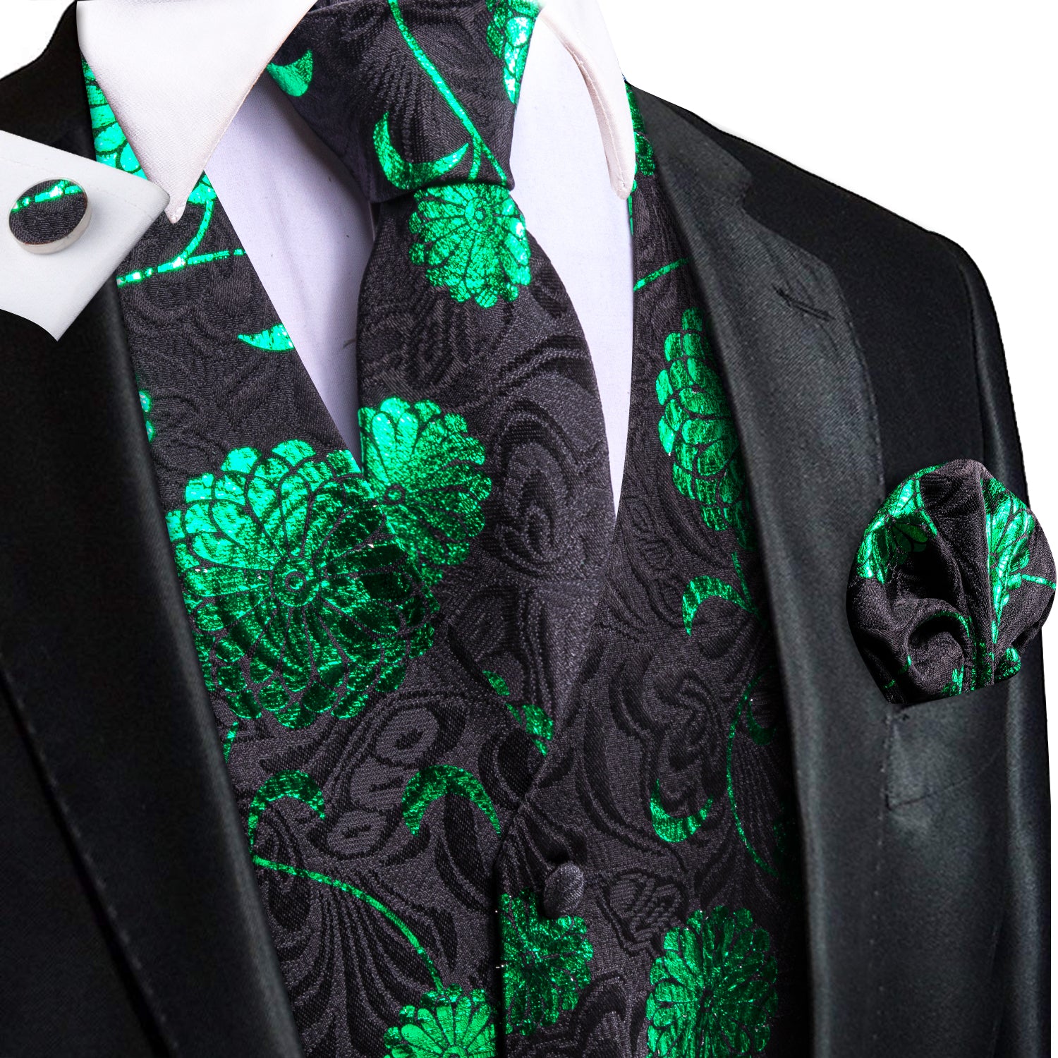 Black Green Floral Men's Vest Hanky Cufflinks Tie Set